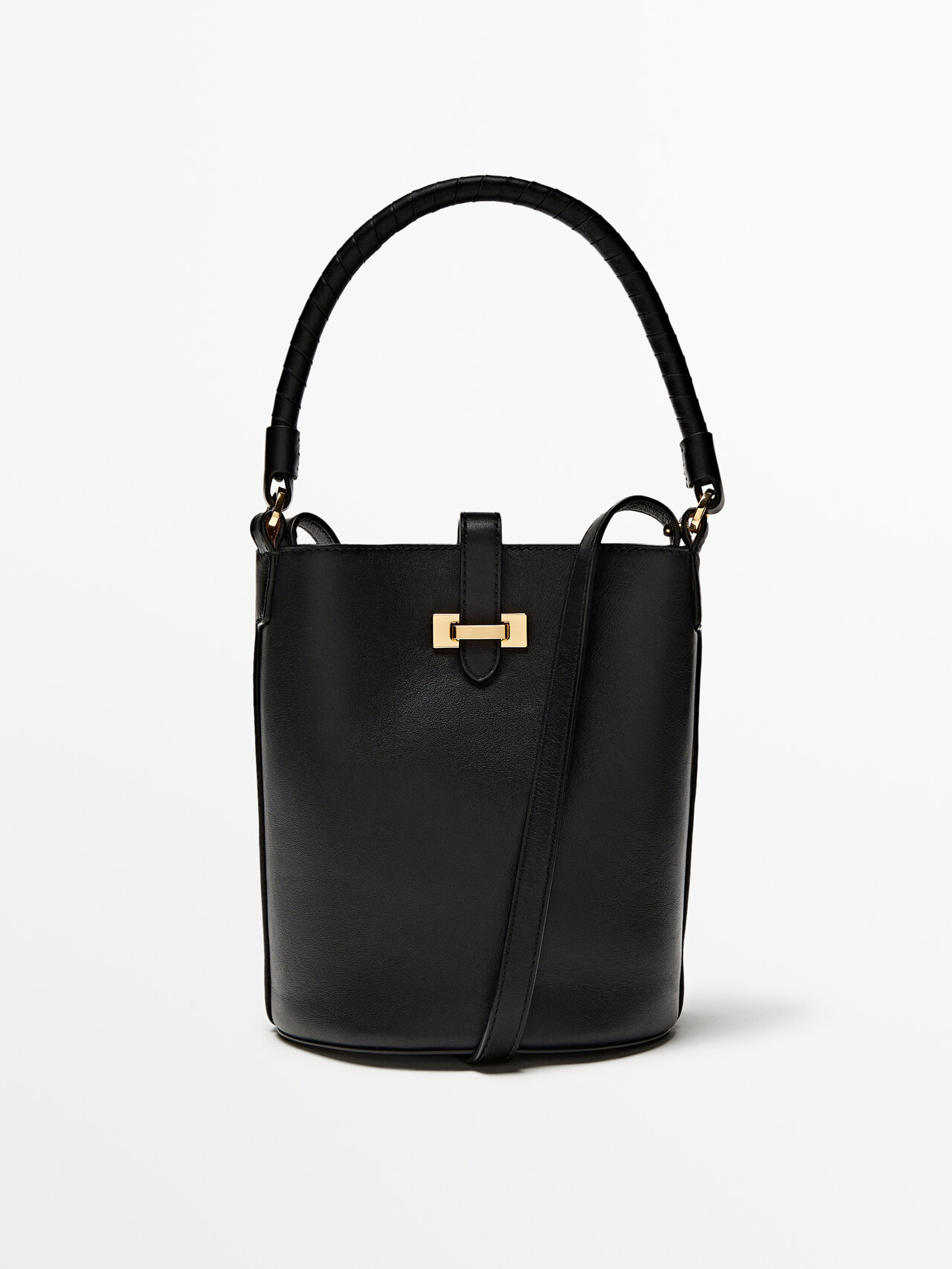Massimo Dutti Nappa Leather Mini Bucket Bag With Buckle In Black