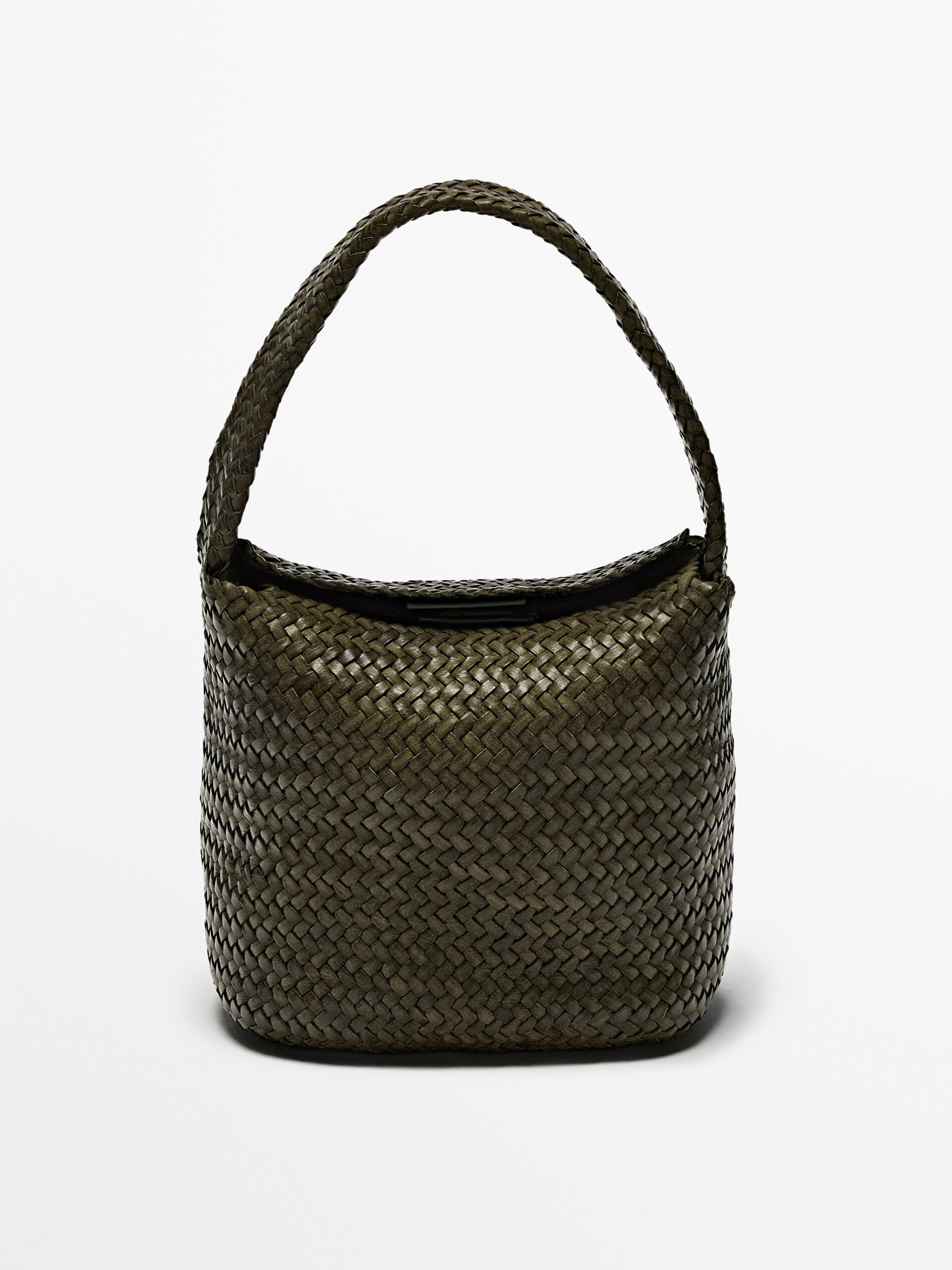 Gewebte Beuteltasche aus geflochtenem Nappaleder · Khaki, Braun 