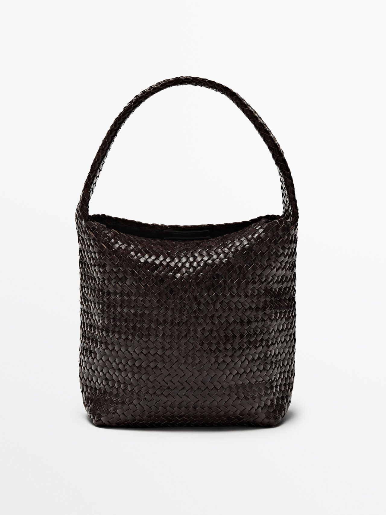 Massimo Dutti Woven Nappa Leather Bucket Bag In Black