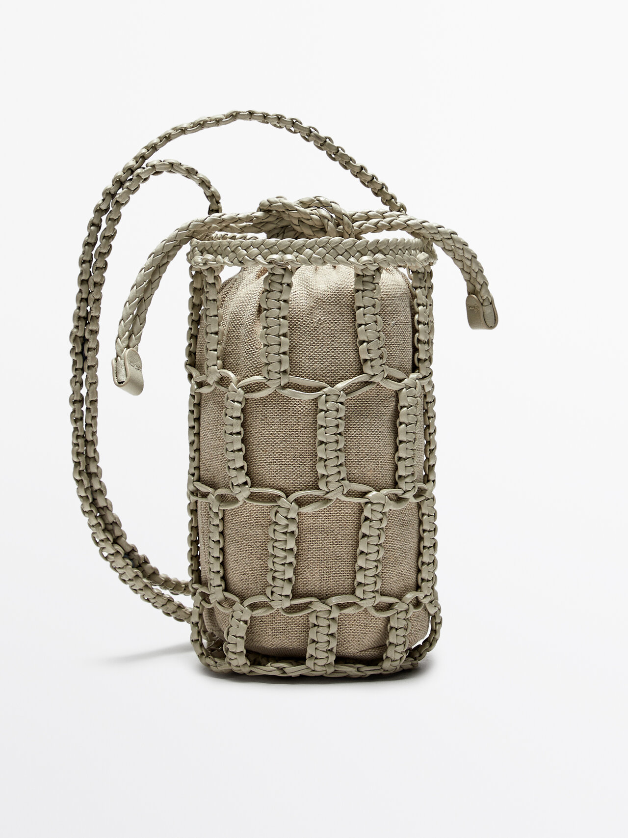 Massimo Dutti Nappa Leather Woven Mini Bucket Bag In Gray