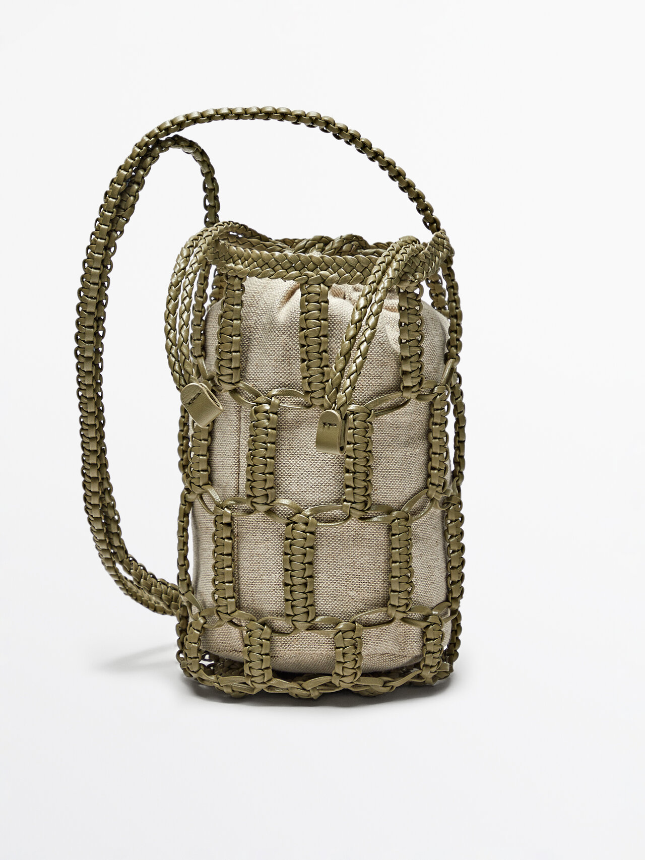 Massimo Dutti Nappa Leather Woven Mini Bucket Bag In Green