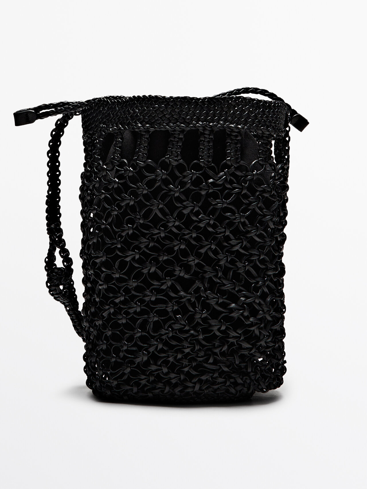 Massimo Dutti Nappa Leather Woven Bucket Bag In Black