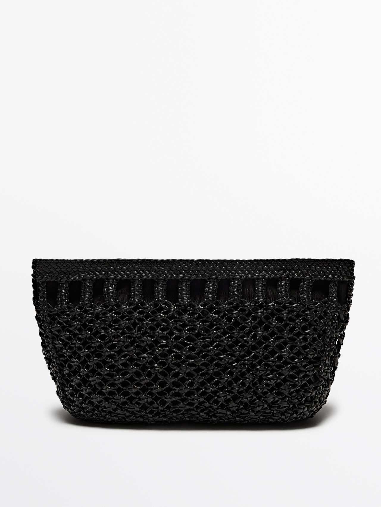 Massimo Dutti Nappa Leather Woven Croissant Bag In Black
