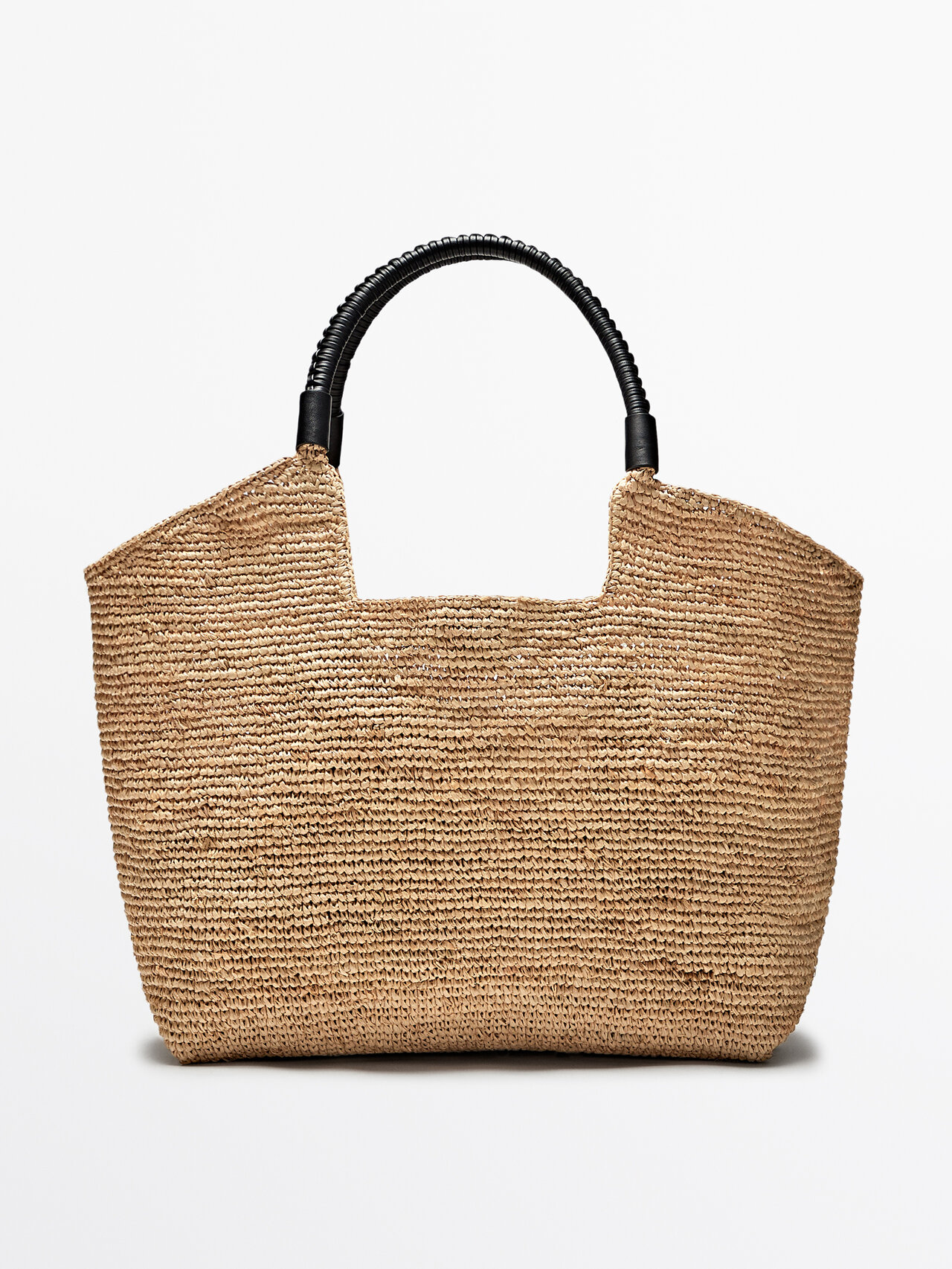 Massimo Dutti Raffia Tote Bag With Leather Handles In Beige