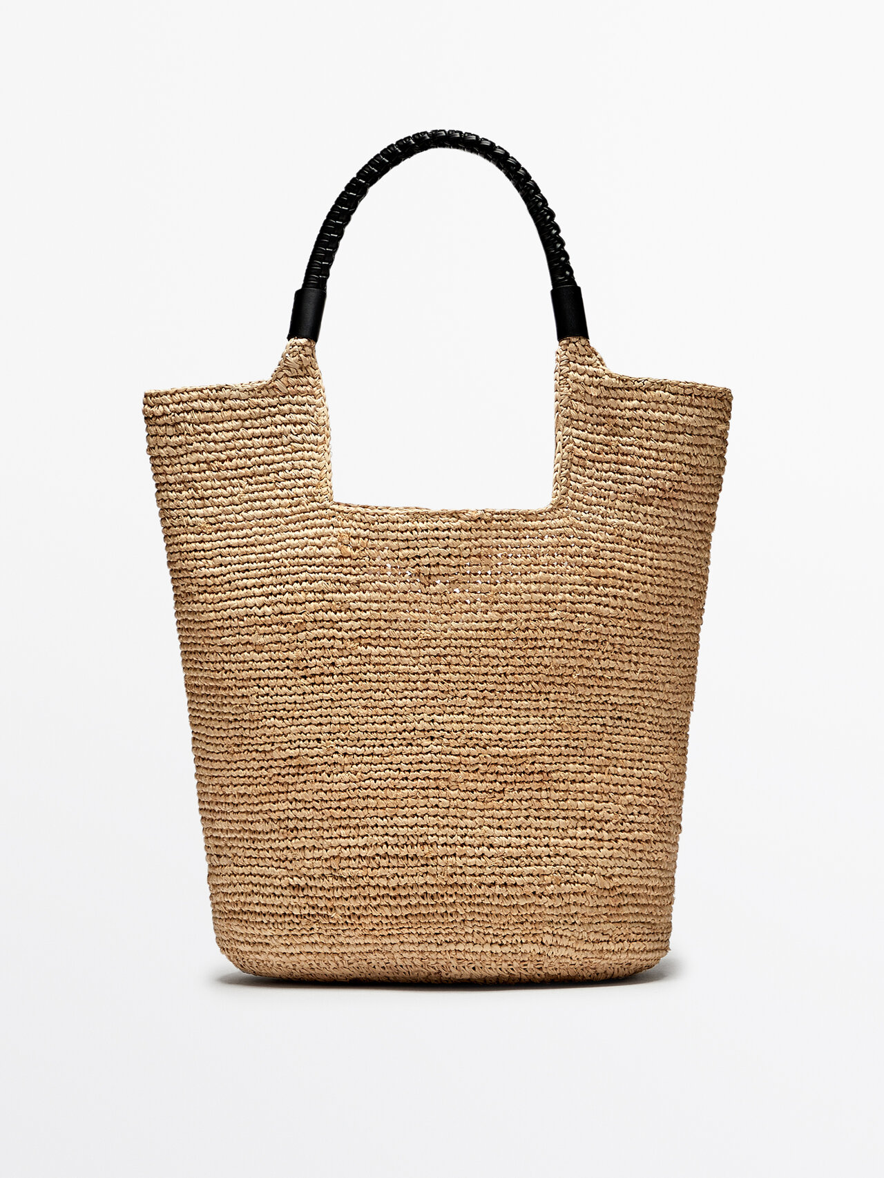 Massimo Dutti Raffia Tote Bag With Leather Strap In Beige