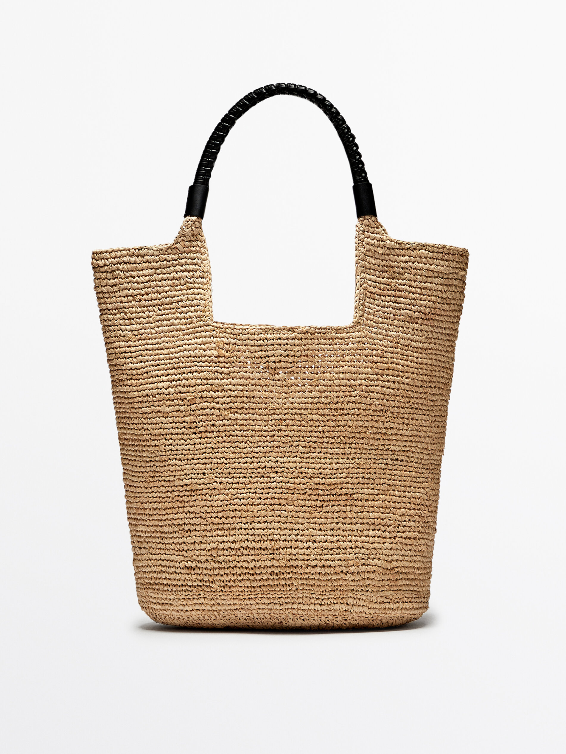 Raffia tote bag with leather strap