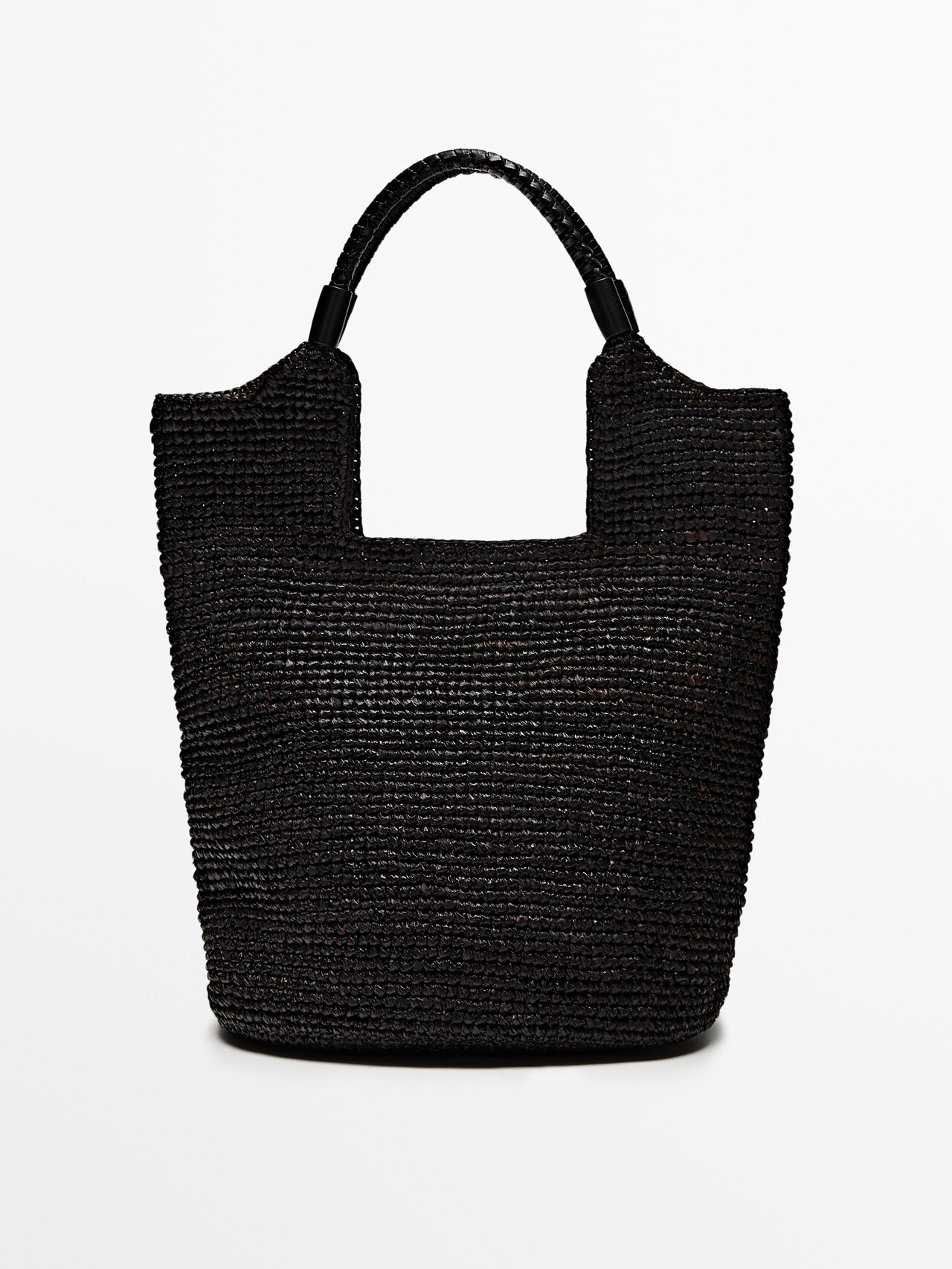 Massimo Dutti Raffia Tote Bag With Leather Strap In Black