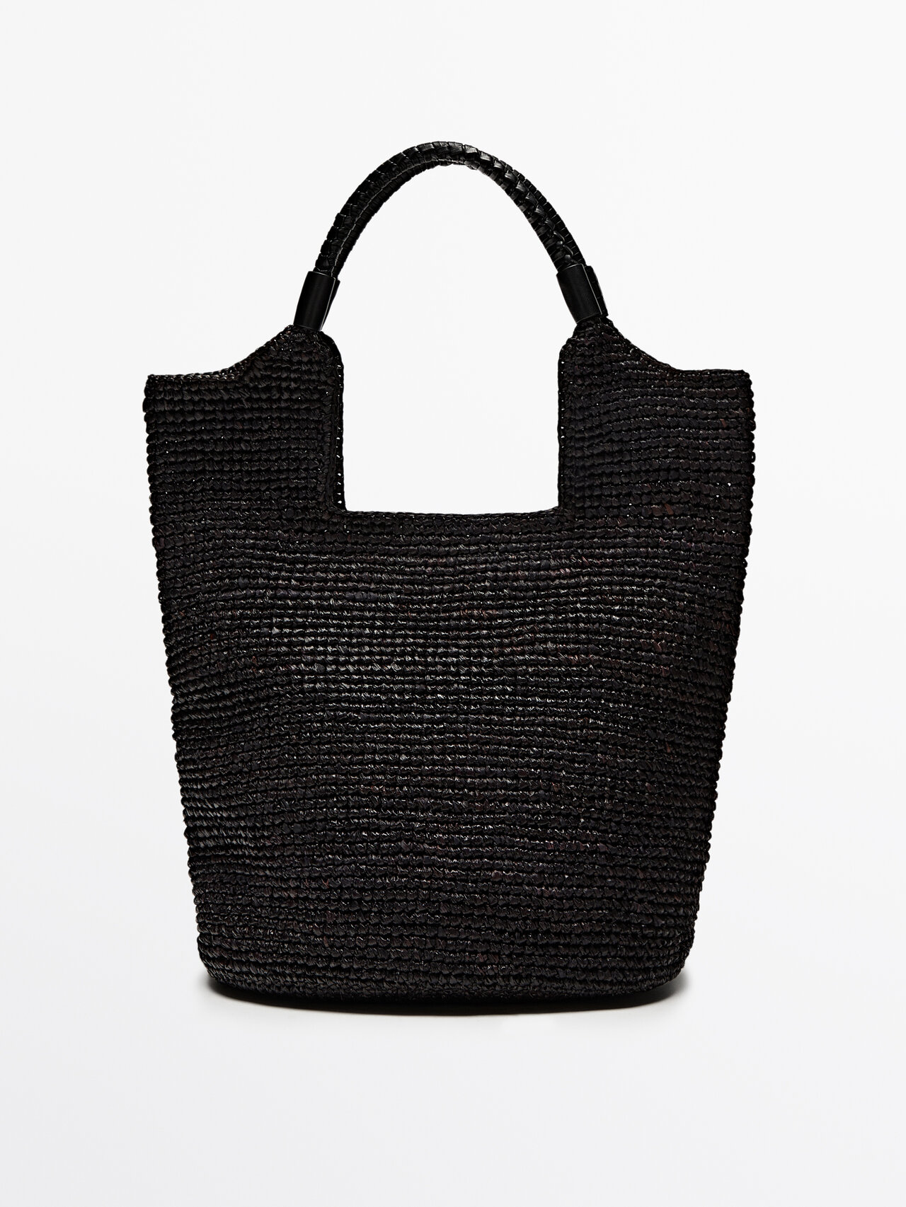 Shop Massimo Dutti Raffia Tote Bag With Leather Strap In Black