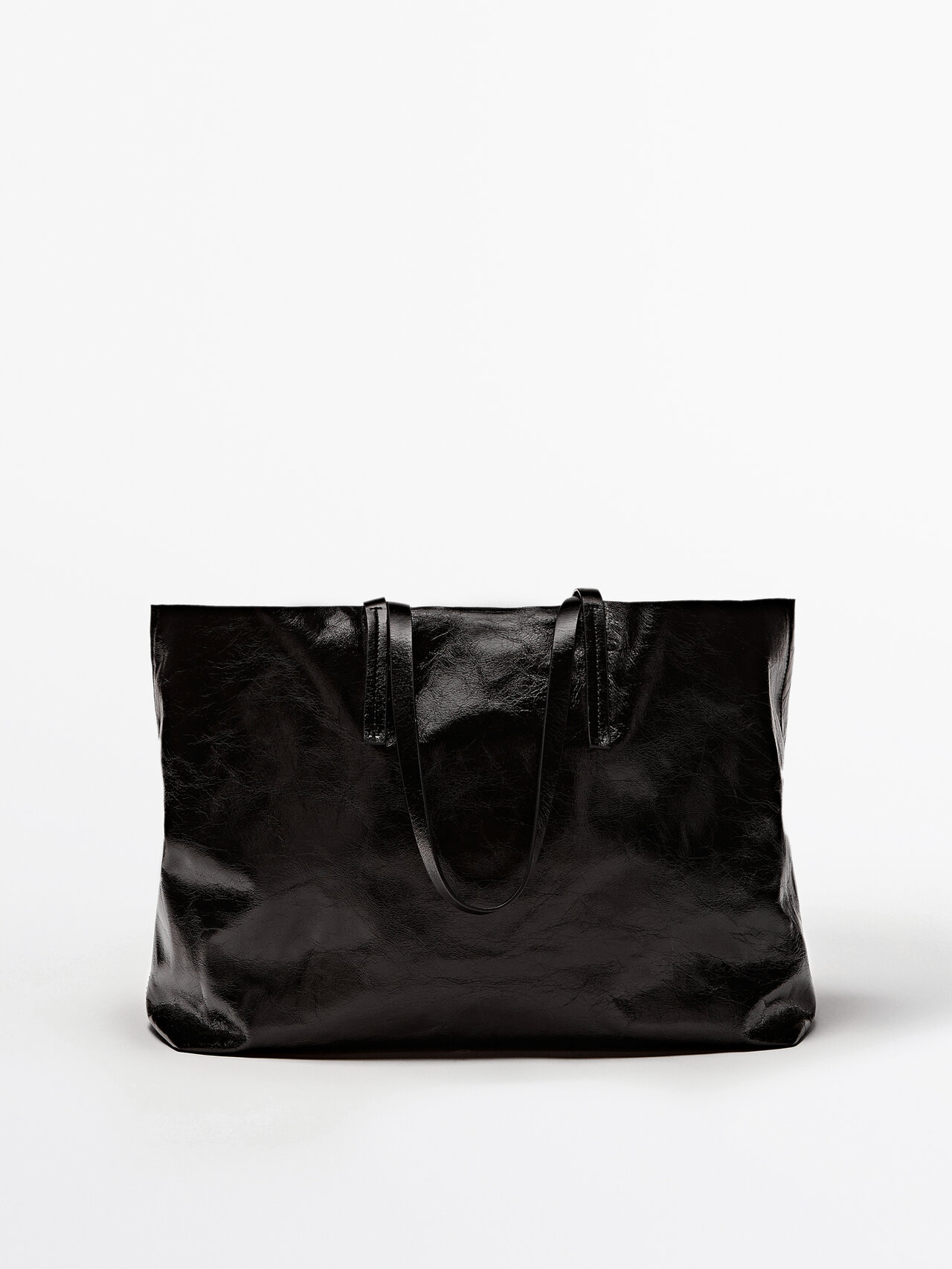 Massimo Dutti Leather Tote Bag With A Crackled Finish In Black