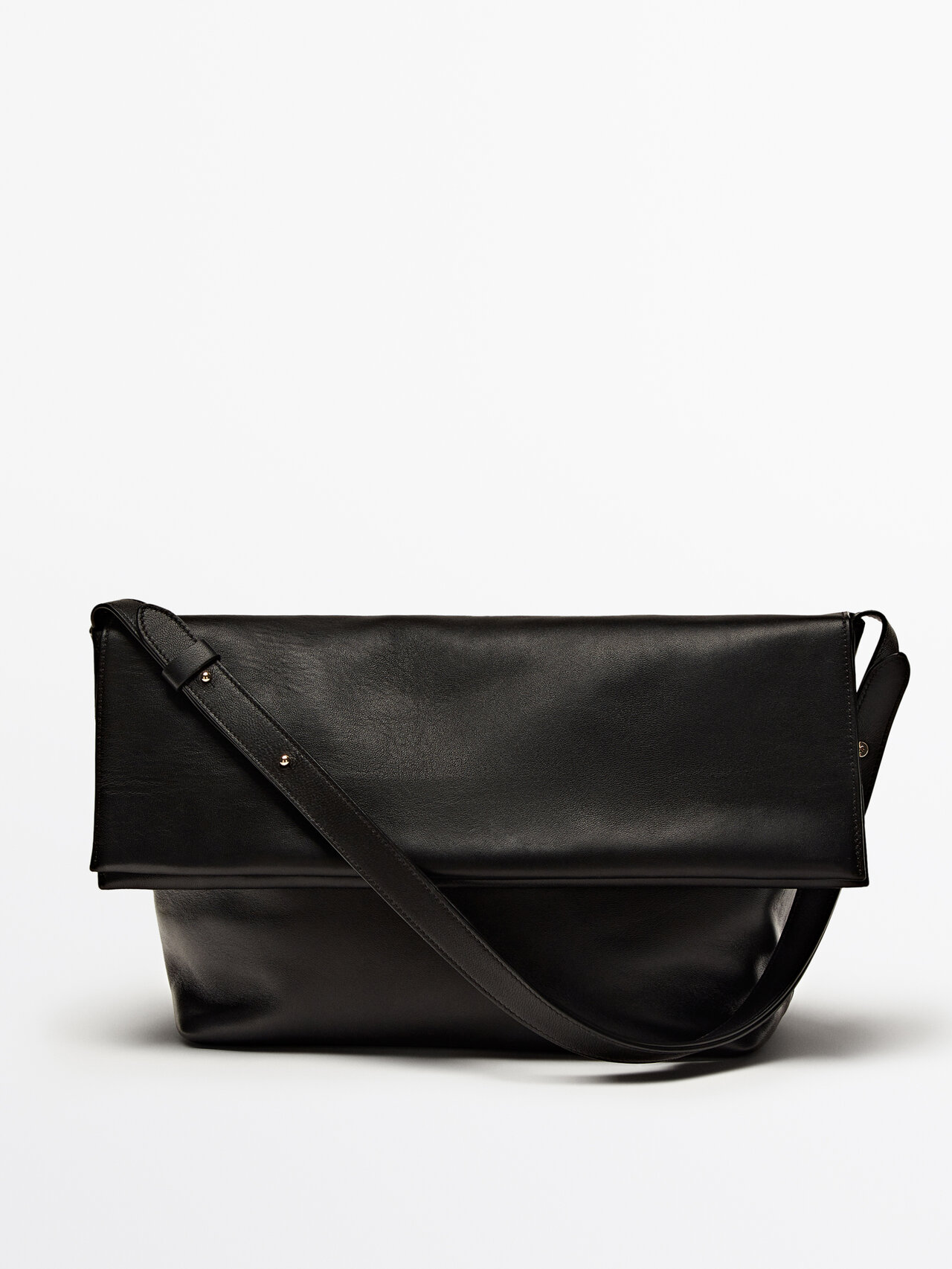 Massimo Dutti Nappa Leather Shoulder Bag With Flap In Black