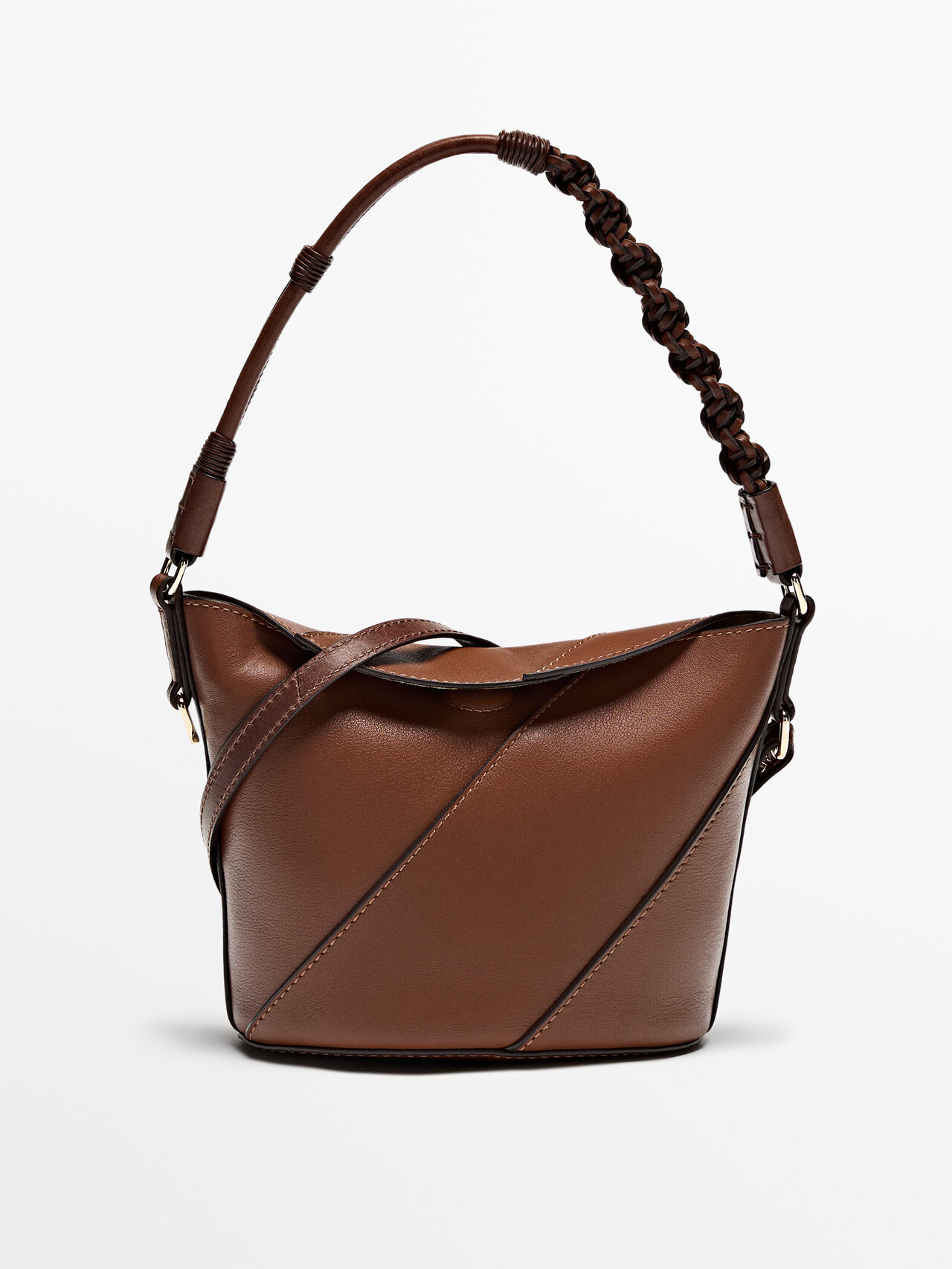 Massimo Dutti Nappa Leather Crossbody Bag With Woven Strap In Brown
