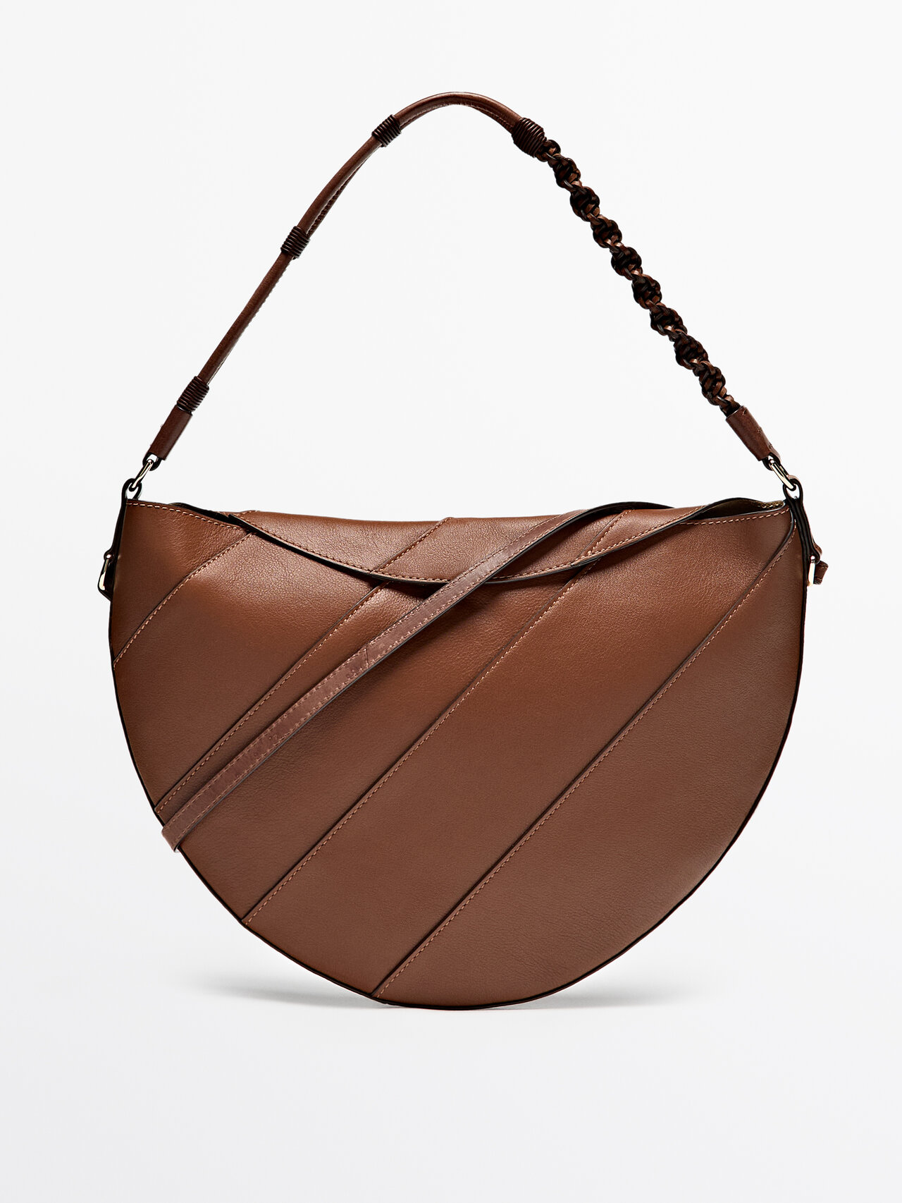 Massimo Dutti Nappa Leather Half-moon Bag With Woven Strap In Brown