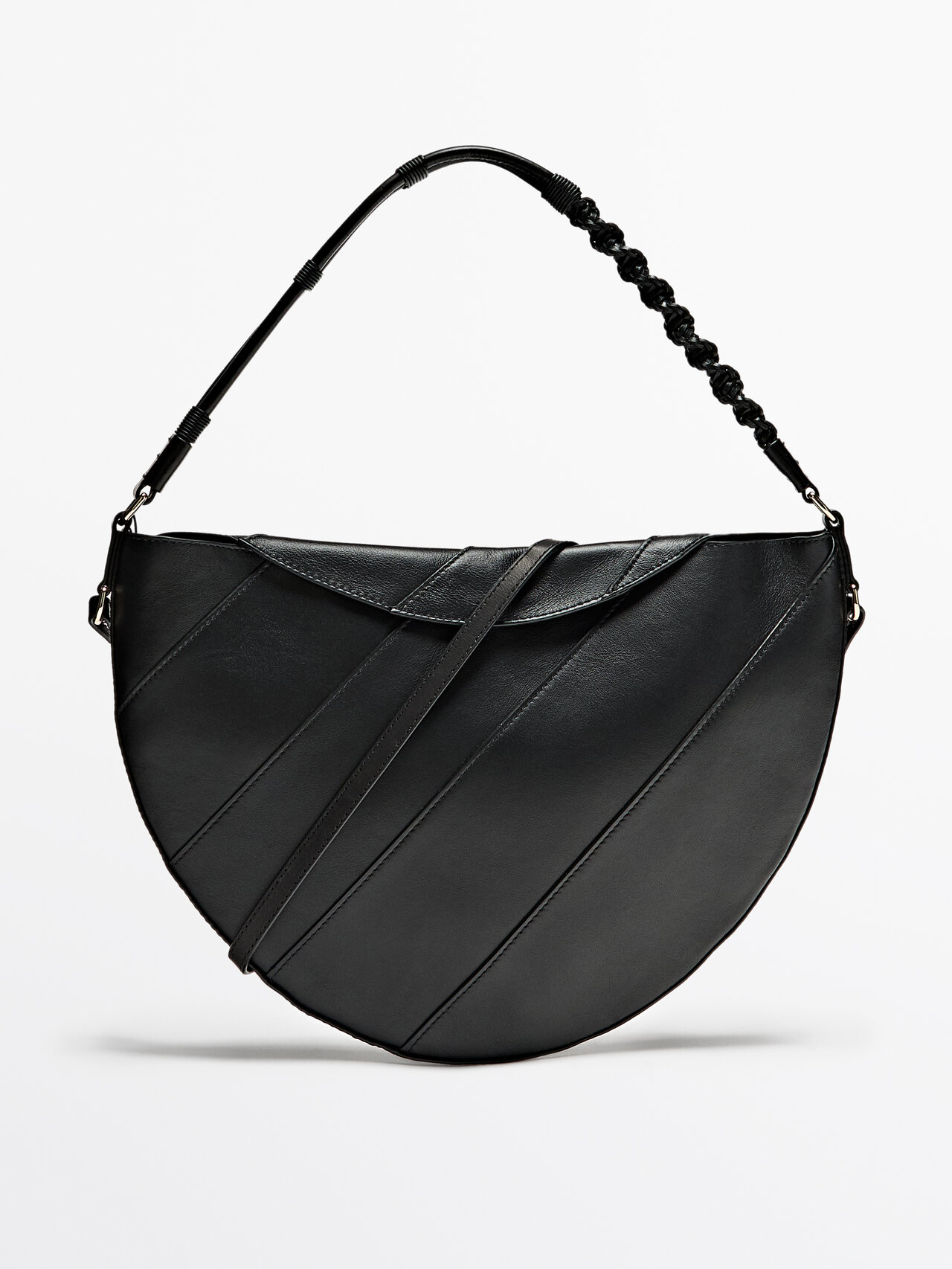 Massimo Dutti Nappa Leather Half-moon Bag With Woven Strap In Black