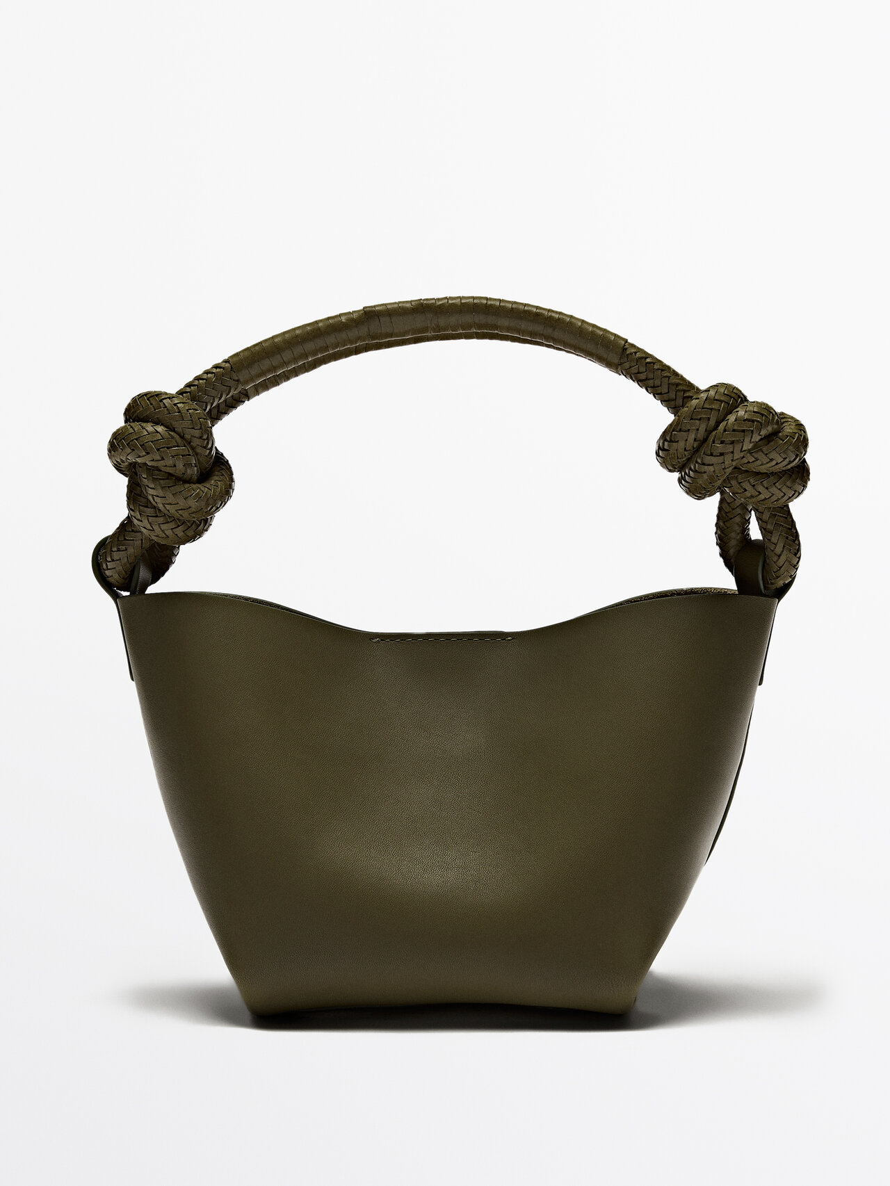 Massimo Dutti Mini Nappa Leather Crossbody Bag With Knot Details In Khaki