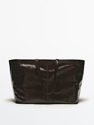 Maxi crackled leather tote bag Brown Leather Mole Brown