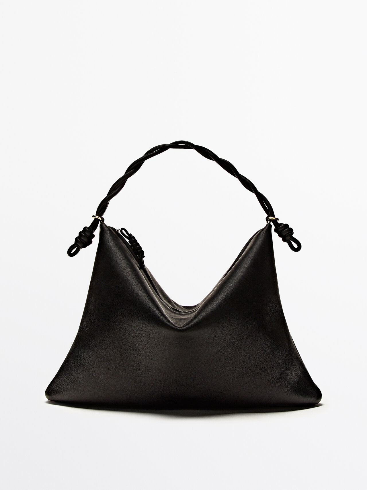 Massimo Dutti Nappa Leather Shoulder Bag With Knot Detail In Black