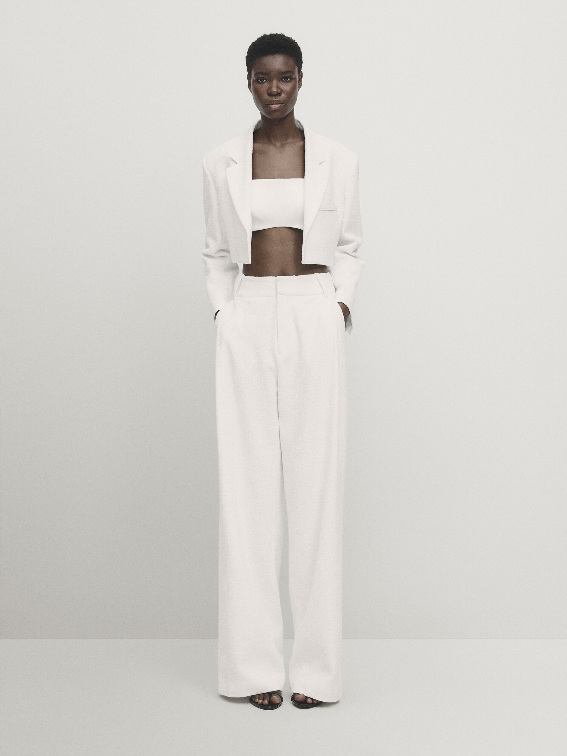 Wide-leg textured suit trousers with darts - Studio · White 