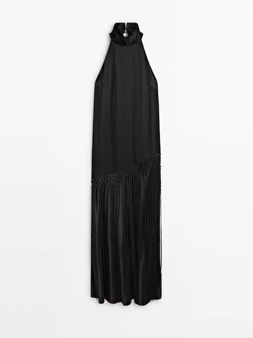 Satin halter dress with fringing - Studio · Black · Smart