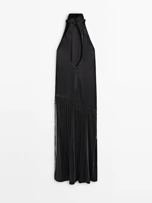 Kenaka Black Satin Midi Halter Dress
