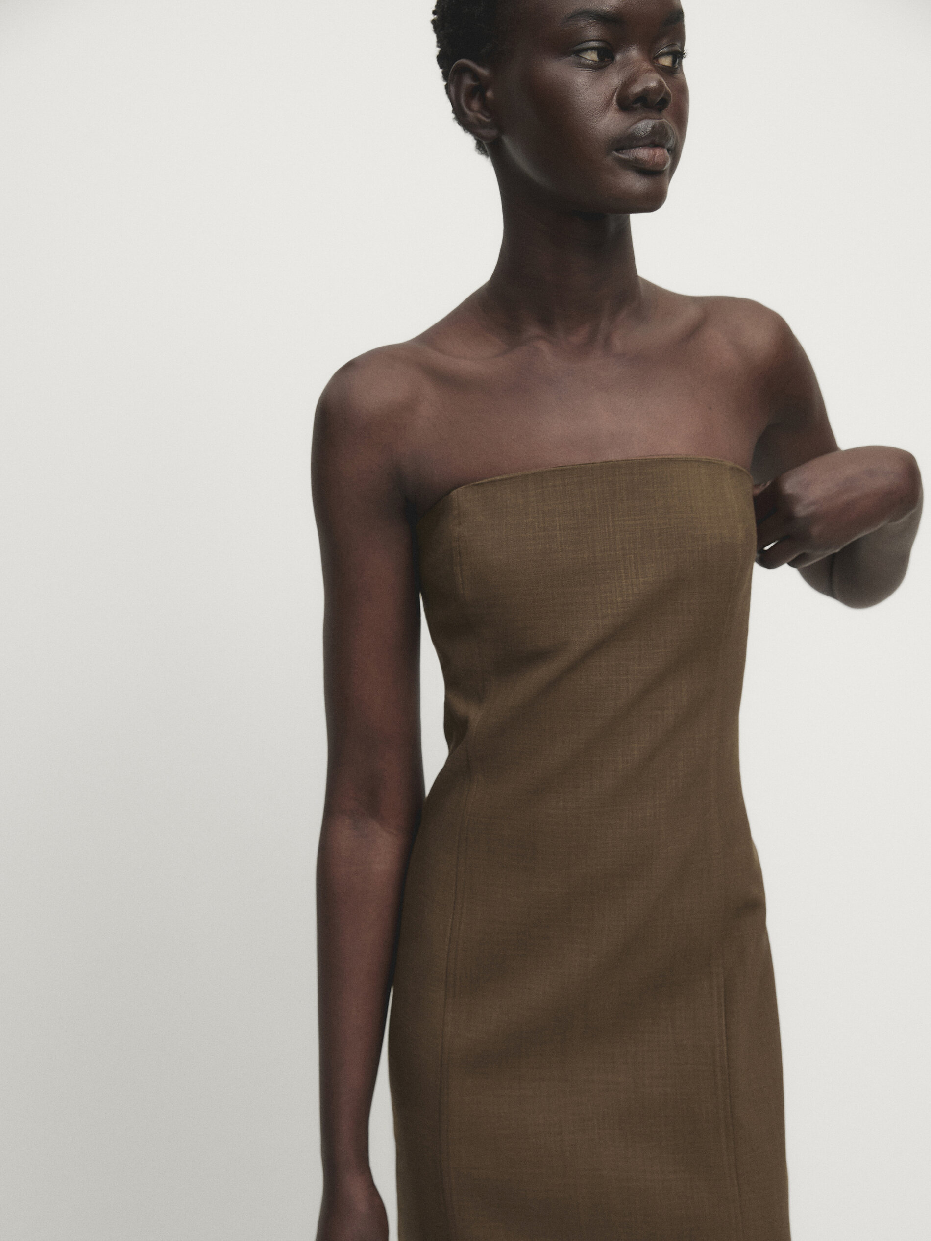 Massimo Dutti Strapless Dress In Braun