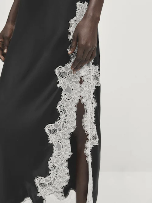Black Lace Trim Satin Cami Dress, Extro&Vert