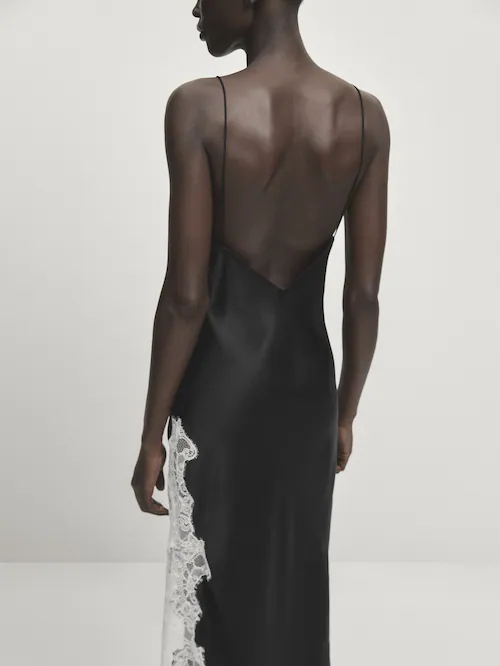 Satin camisole dress with contrast lace - Studio · Black · Smart