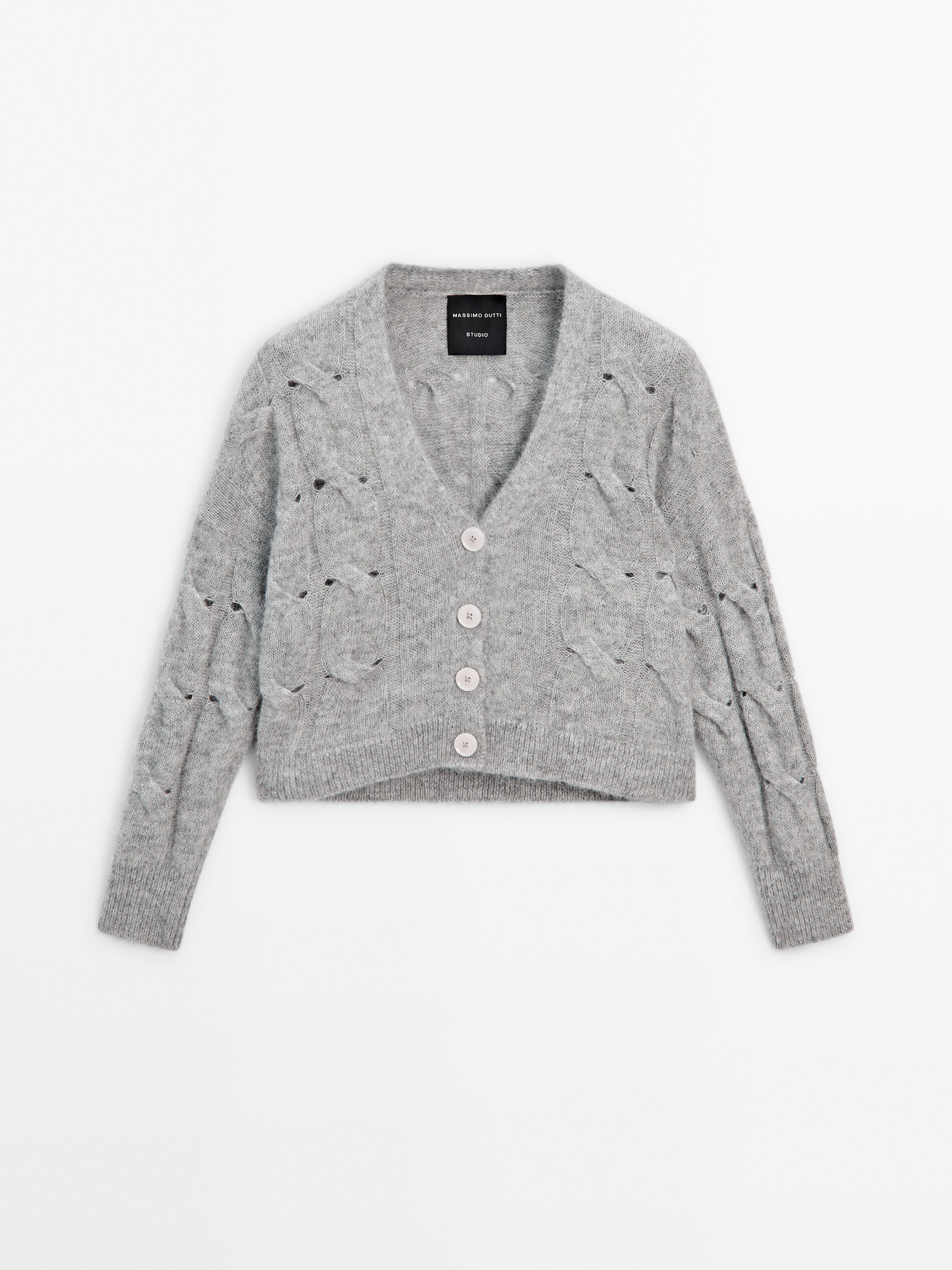 Cable-knit cardigan - Studio · Grey Marl, Cream · Sweaters And