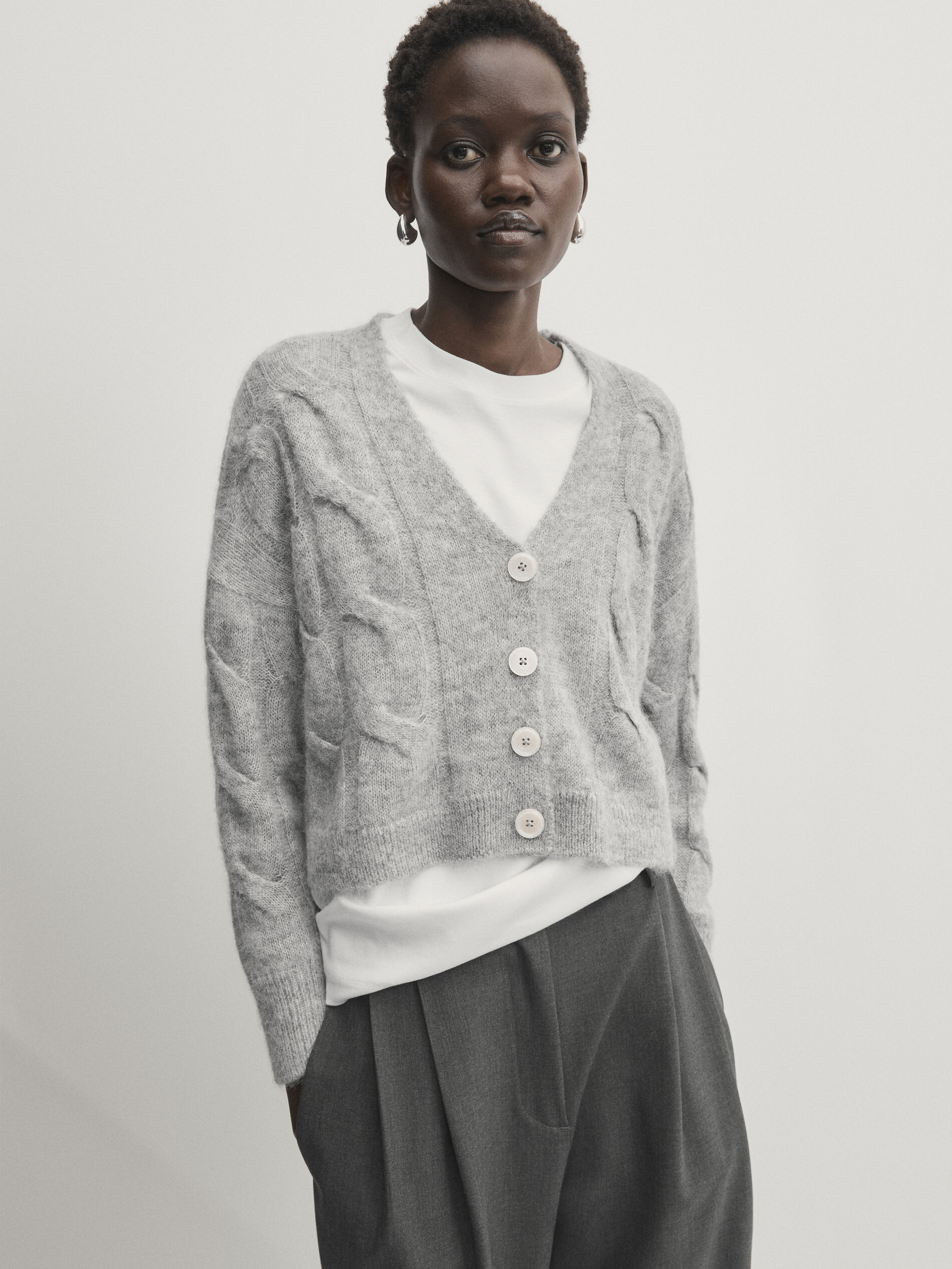 Cable-knit cardigan - Studio · Grey Marl, Cream · Sweaters And