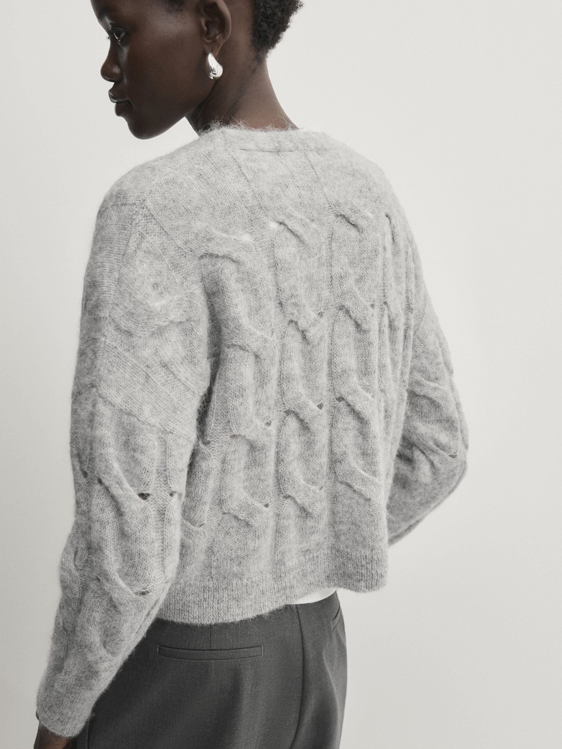 Cable-knit cardigan - Studio · Grey Marl, Cream · Sweaters And