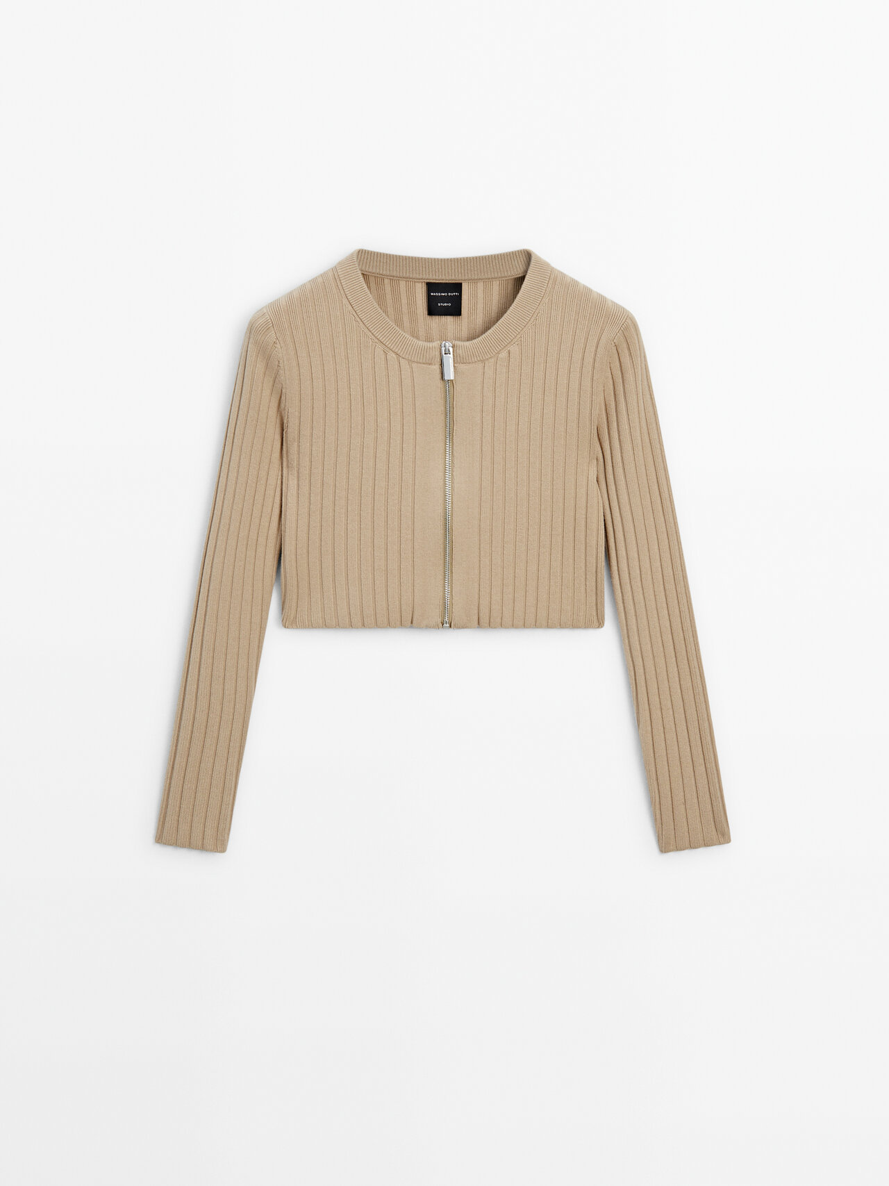 Massimo Dutti Zip-up Knit Cardigan In Camel