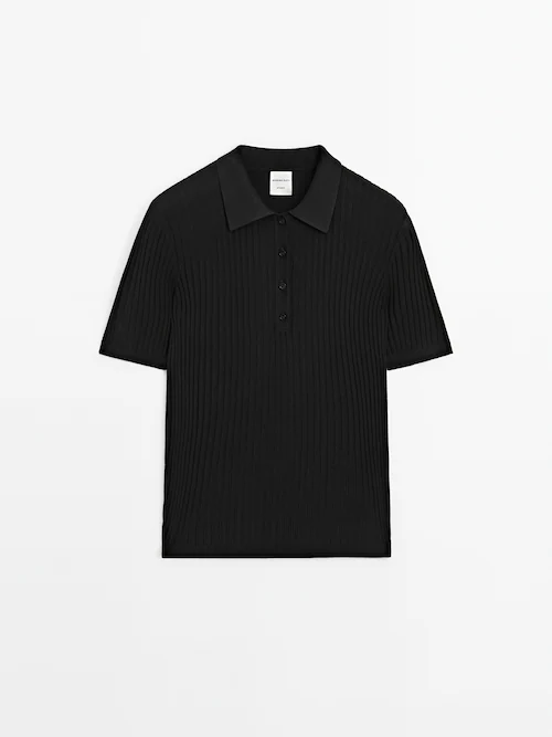 ASOS DESIGN knitted ribbed polo shirt in black