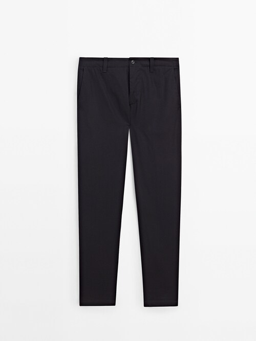 Tapered-fit cotton twill trousers · Navy Blue, Beige · Dressy