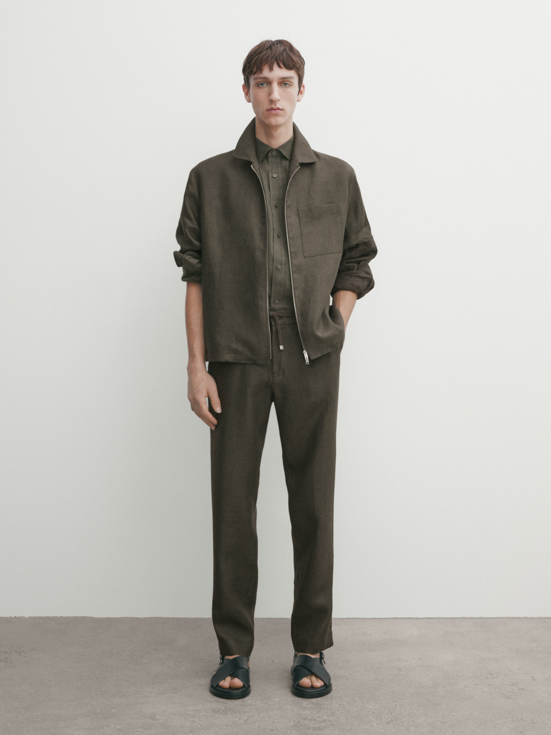 Massimo Dutti Passende Hose Leinen Strukturmuster In Khaki