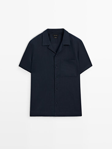 Short sleeve linen and cotton blend shirt with pocket