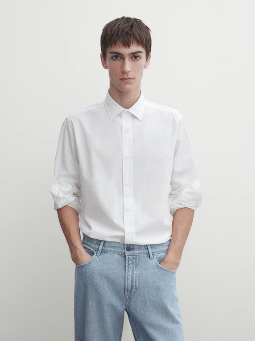 Regular fit seersucker textured cotton shirt · White · Shirts