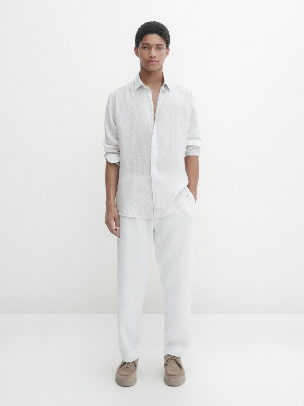 MANZINI MZL-301 2PC Plaid Linen Shirt Set Tan