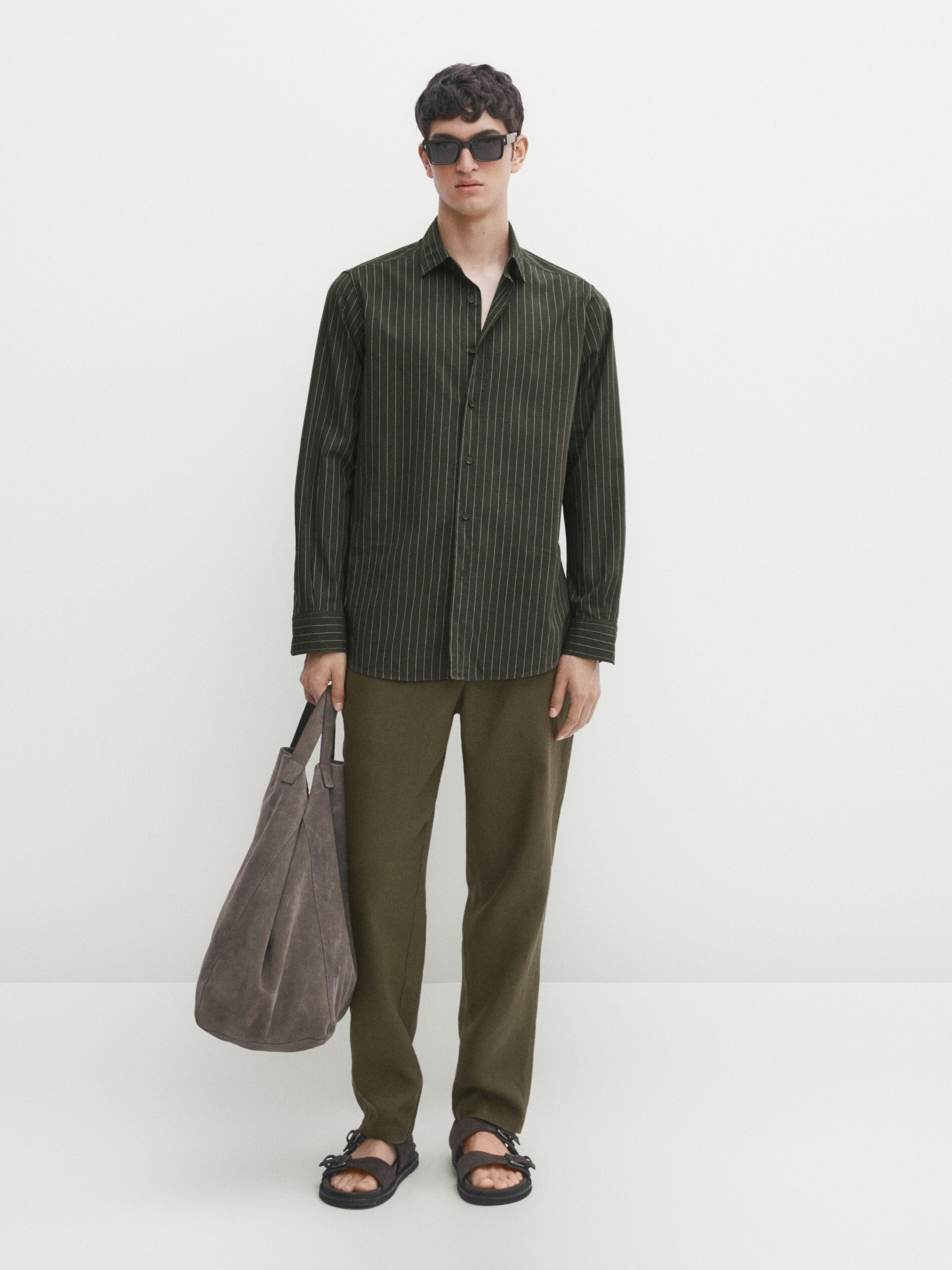 Massimo Dutti Gestreiftes Slim-fit-hemd Aus Baumwolltwill In Khaki