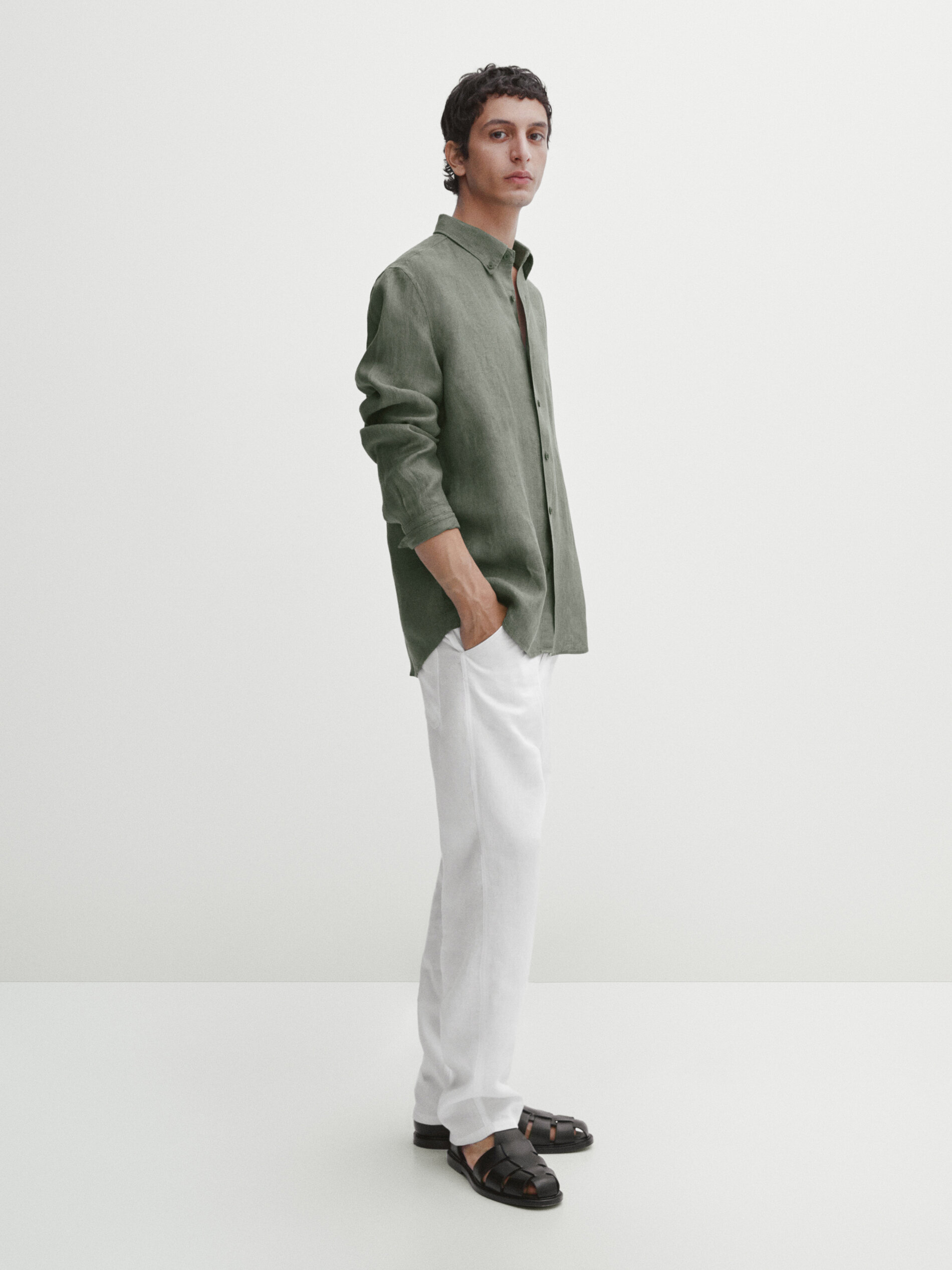 Massimo Dutti Regular-fit-hemd Aus Reinem Leinen In Grün
