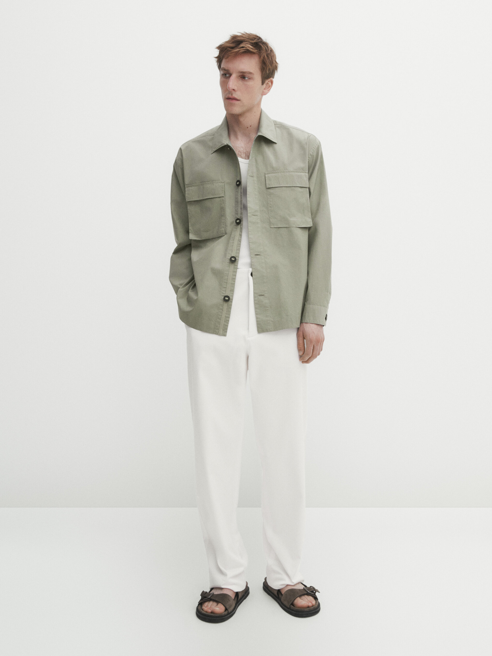 Cotton overshirt with chest pockets · Pale Green, Navy Blue 