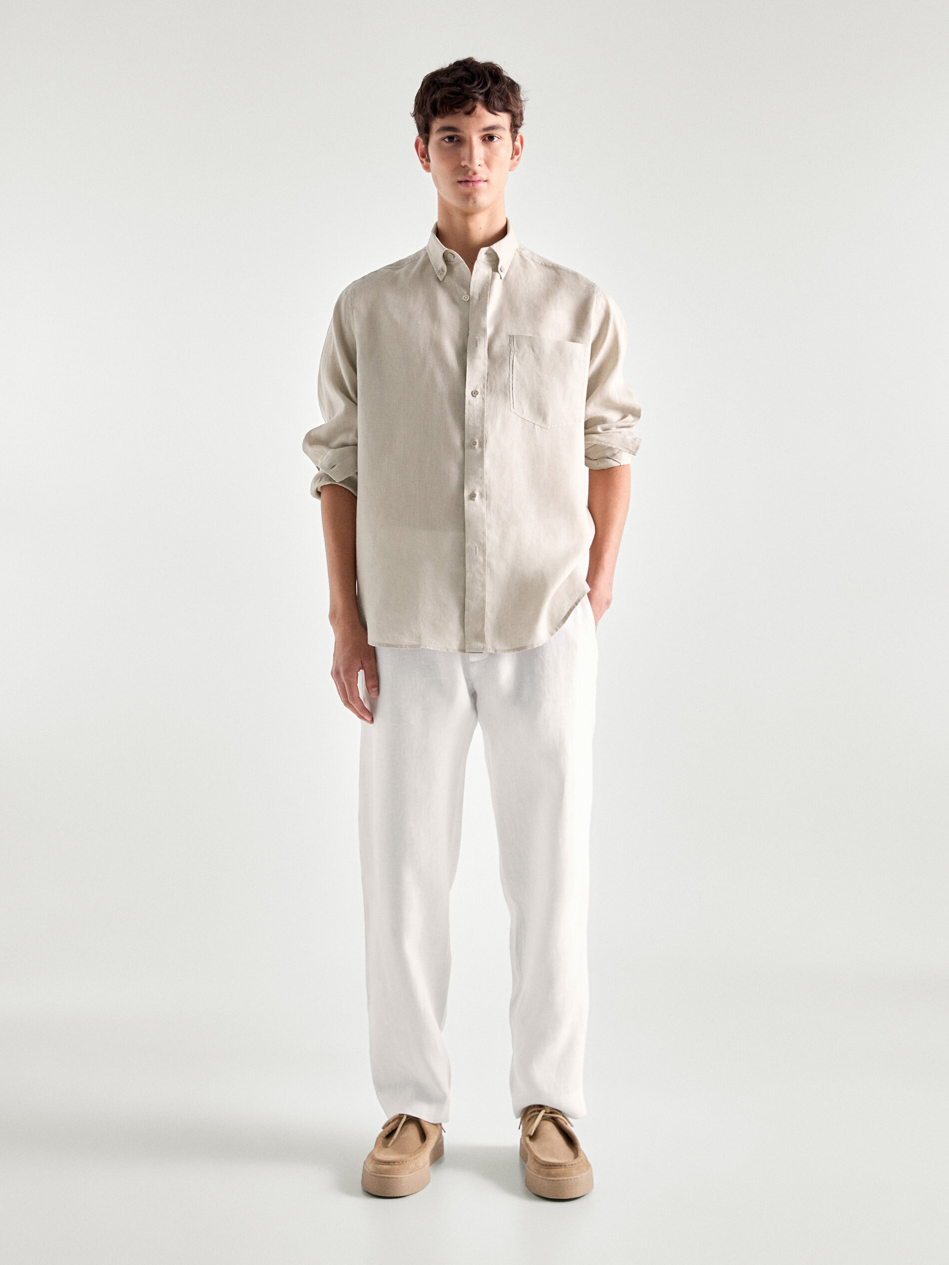 Massimo Dutti 100% Linen Shirt With Pocket In Beige