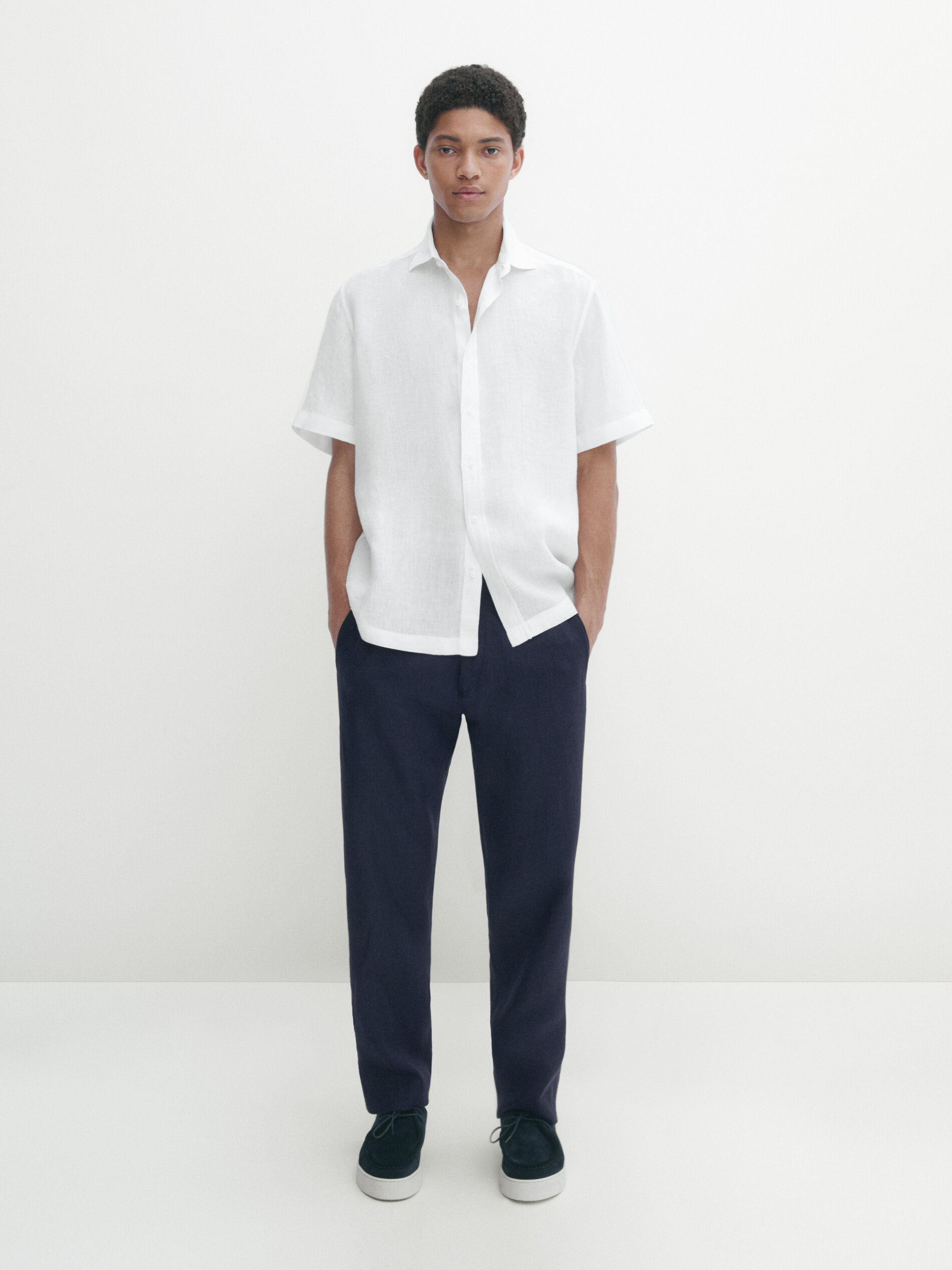 100% linen shirt with short sleeves · White, Beige, Navy Blue