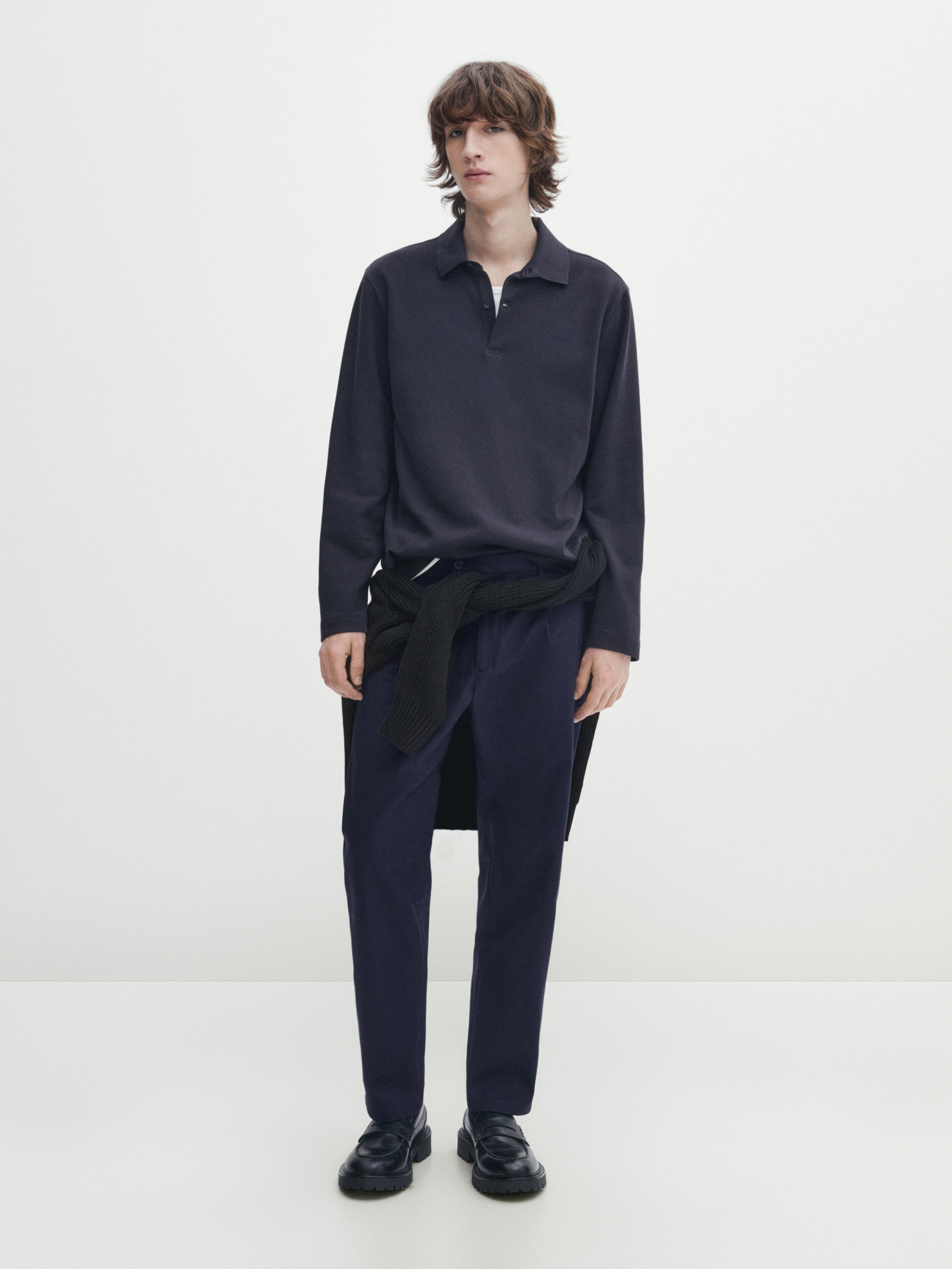 Long sleeve microtextured cotton polo shirt · Dark Navy, Moss