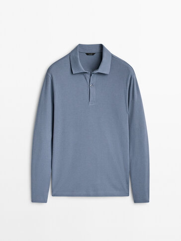 Long sleeve microtextured cotton polo shirt