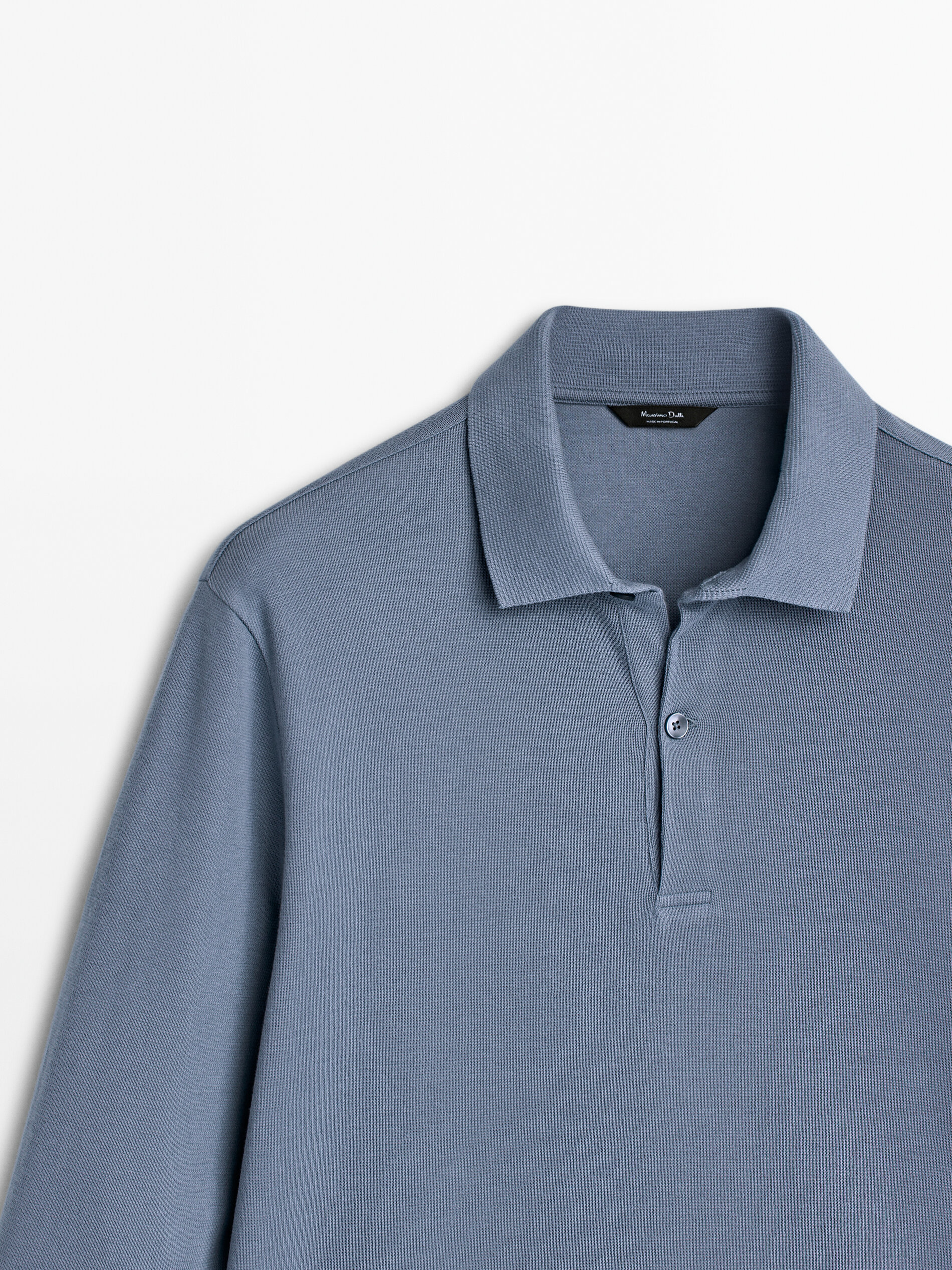 Long sleeve microtextured cotton polo shirt · Pastel Blue · Polo