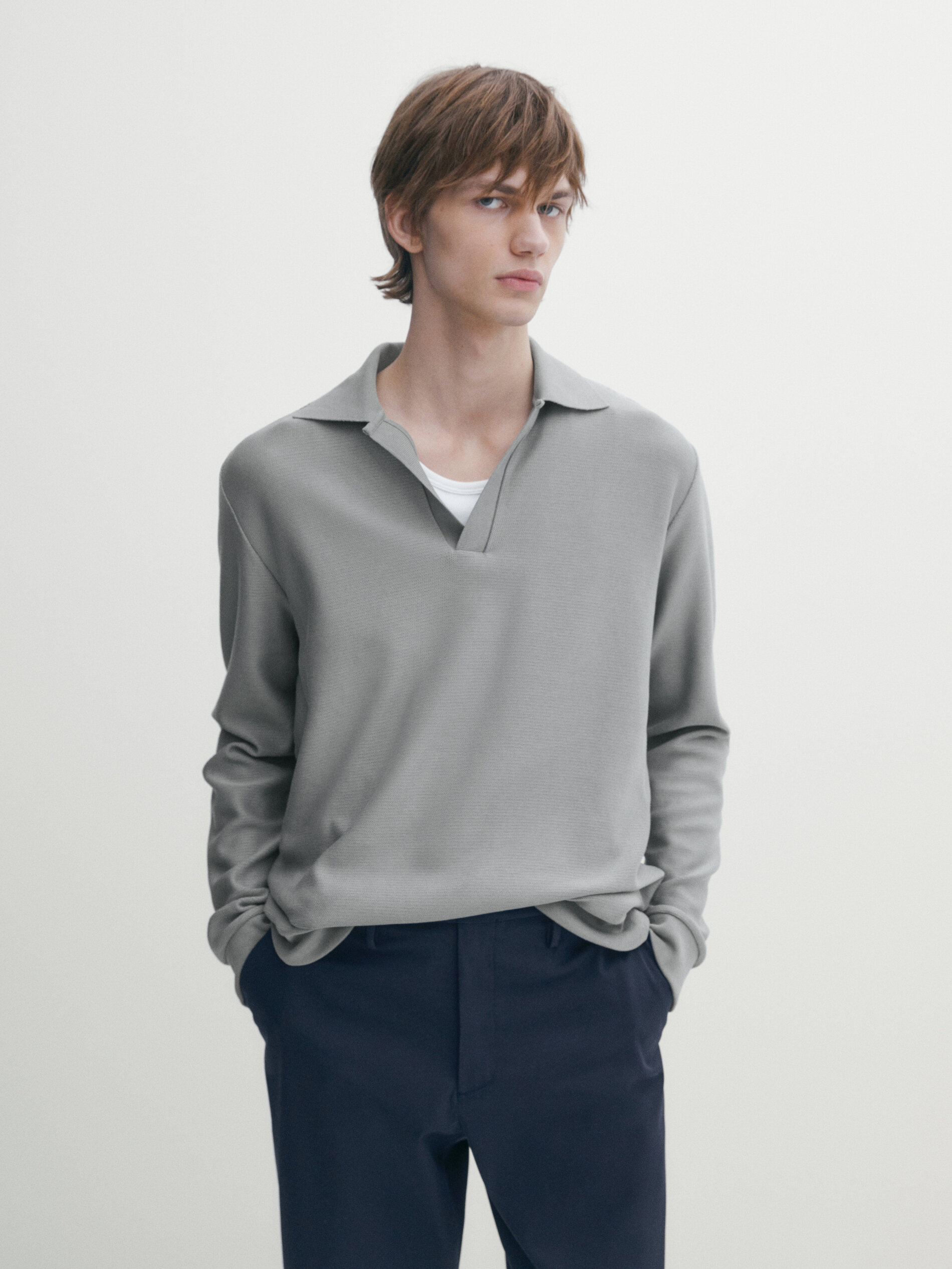 スペイン発送 MassimoDutti ストライプポロネックシャツ グレー-