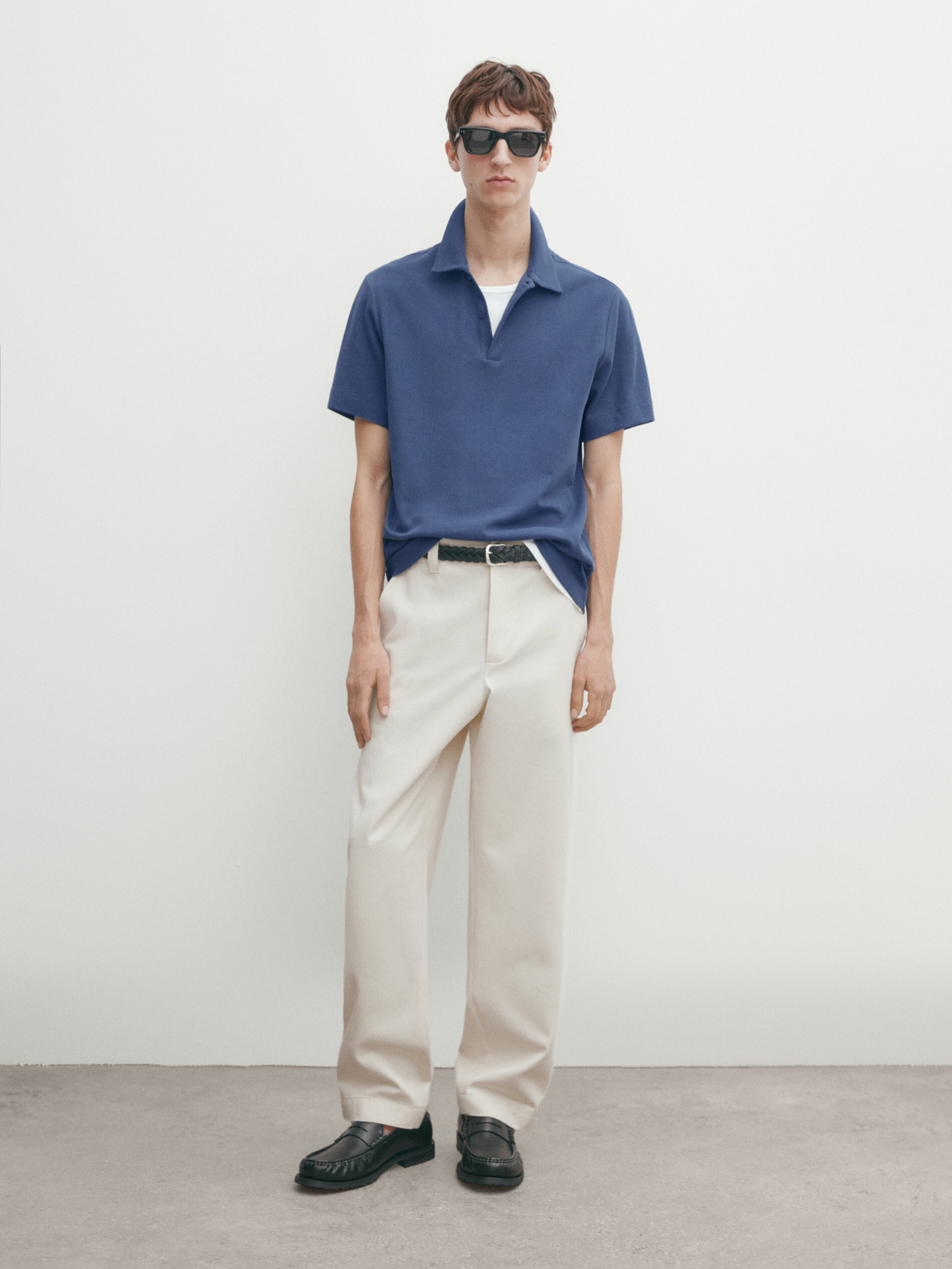 Massimo Dutti Poloshirt Strukturmuster Kurzarm In Bläulich