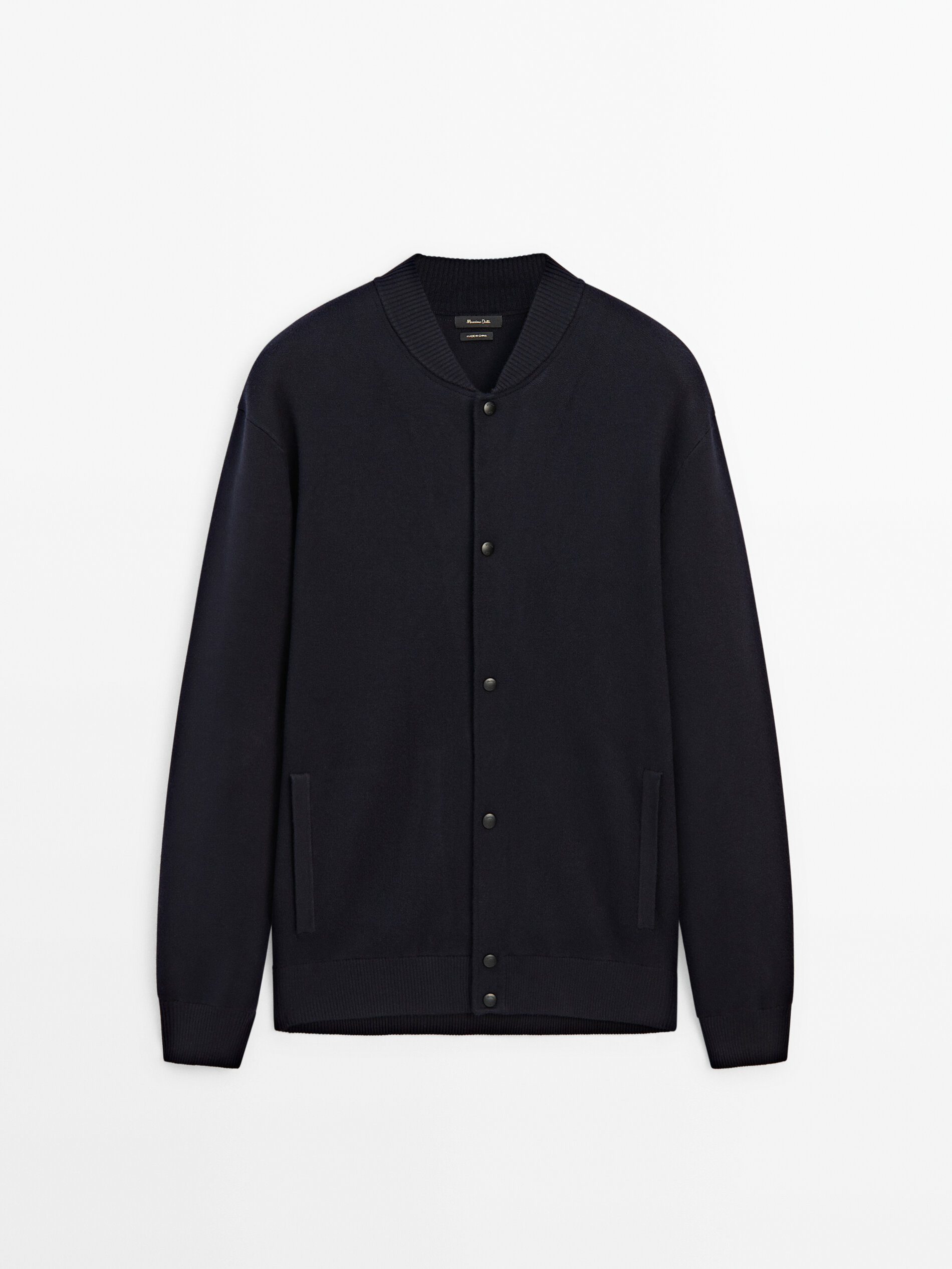 Knit bomber jacket with snapbuttons · Navy Blue, Pale Ochre · Sweaters