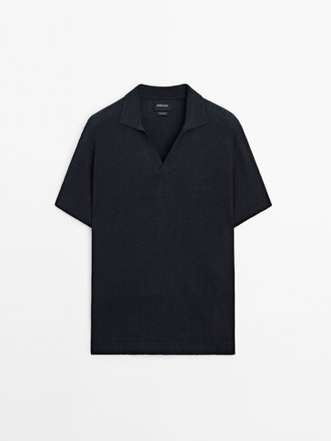 Linen blend knit polo sweater · Navy Blue, Pale Khaki, Washed 