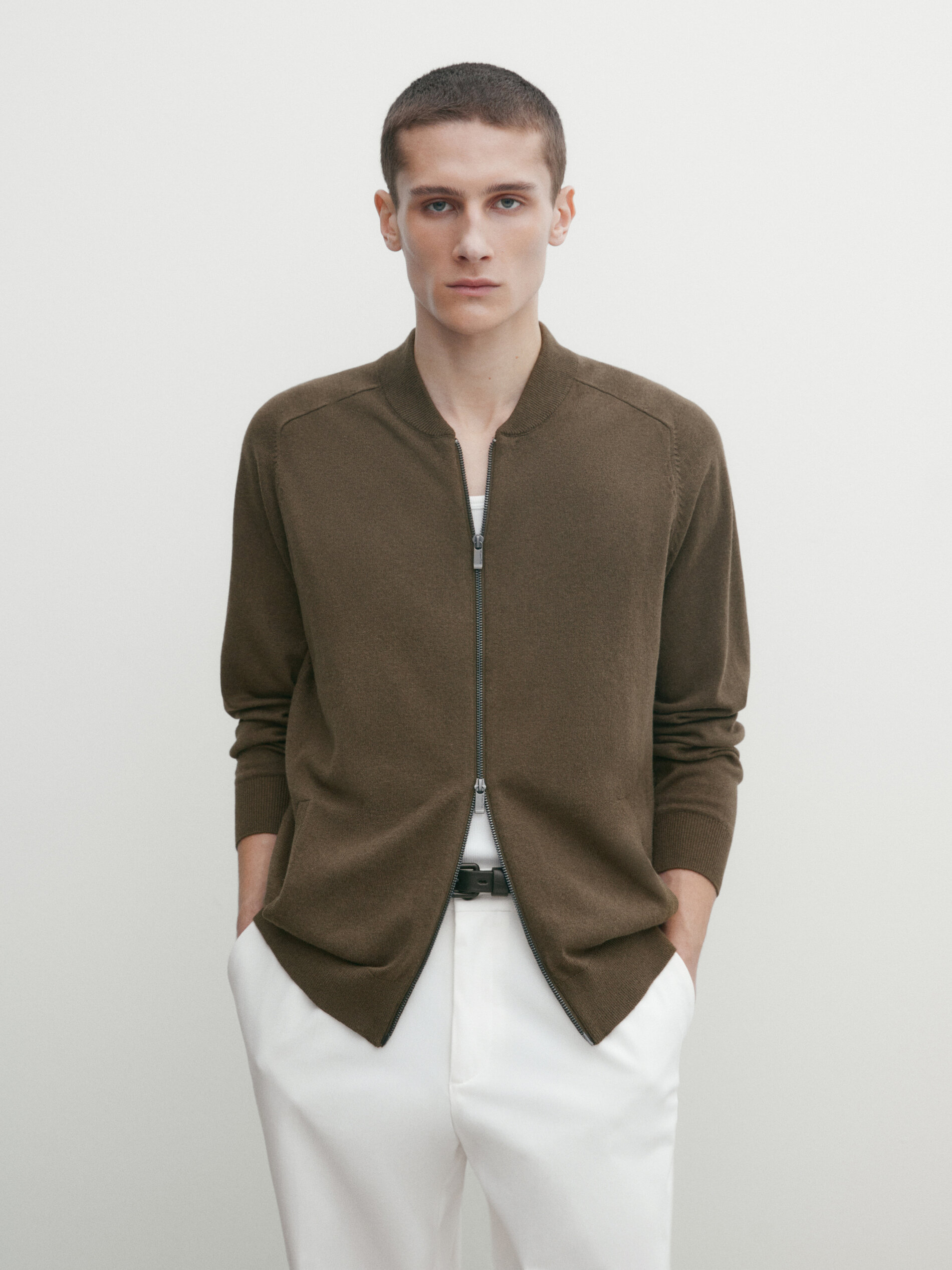 Wool and cotton blend knit zip-up cardigan · Khaki, Medium Grey
