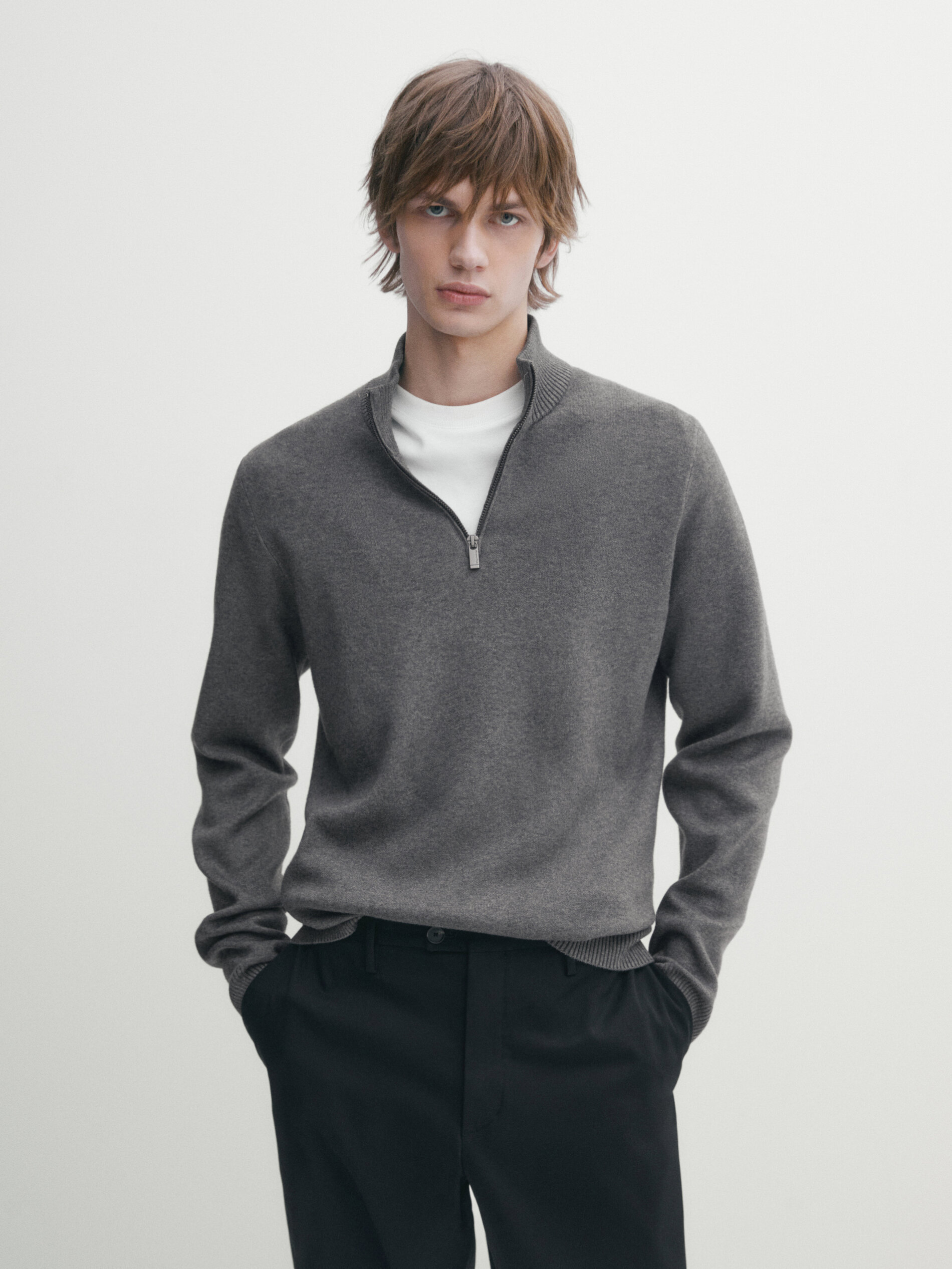 Strickpullover mit Stehkragen und Reißverschluss · Anthrazitgrau 